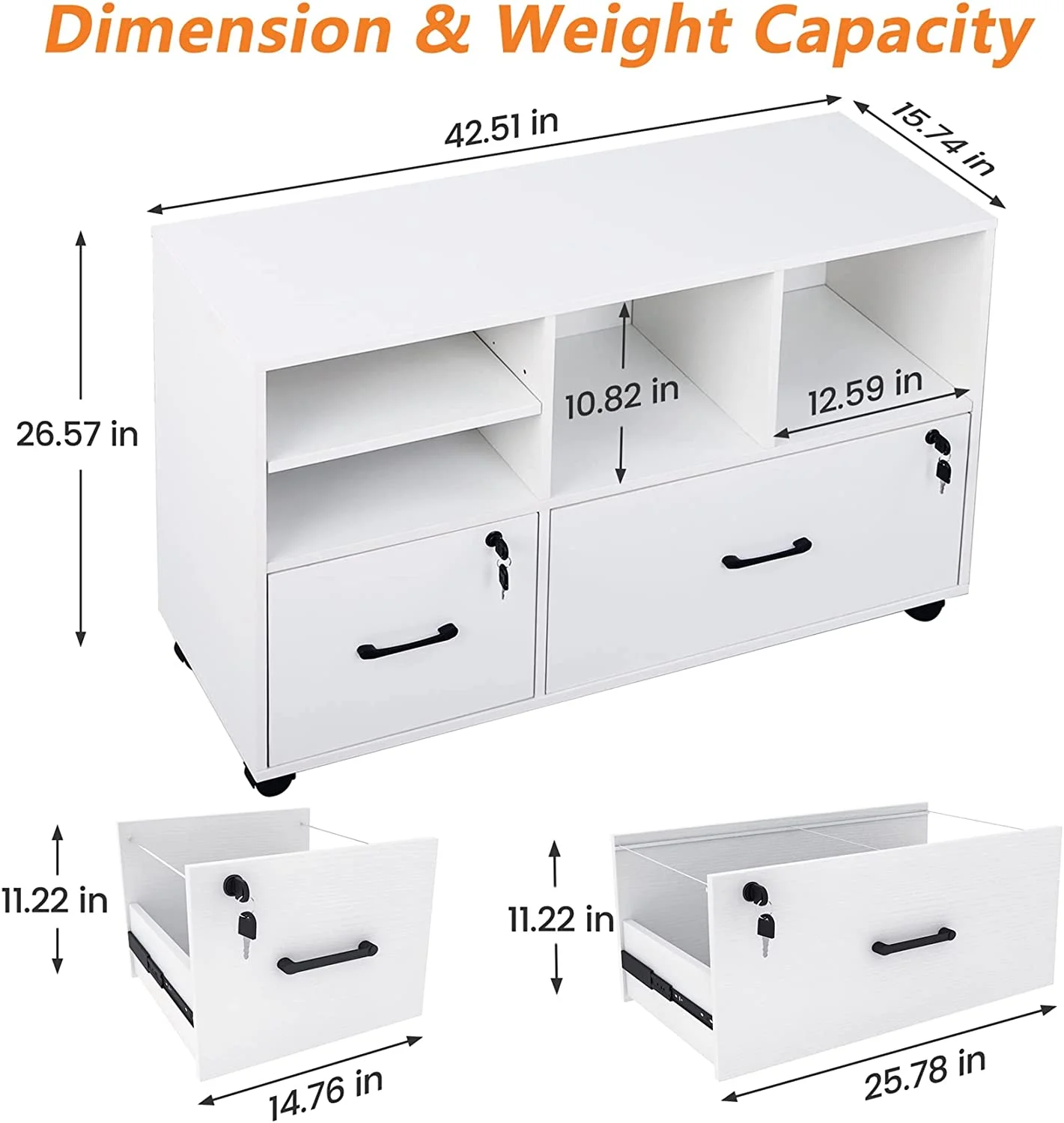 2 Drawer Wood Lateral File Cabinet with Lock, Lockable Rolling Filing Cabinet with Open Storage Shelves, Printer Stand Office Storage Cabinet for Home Office Fits Files Legal/A4 Size, White