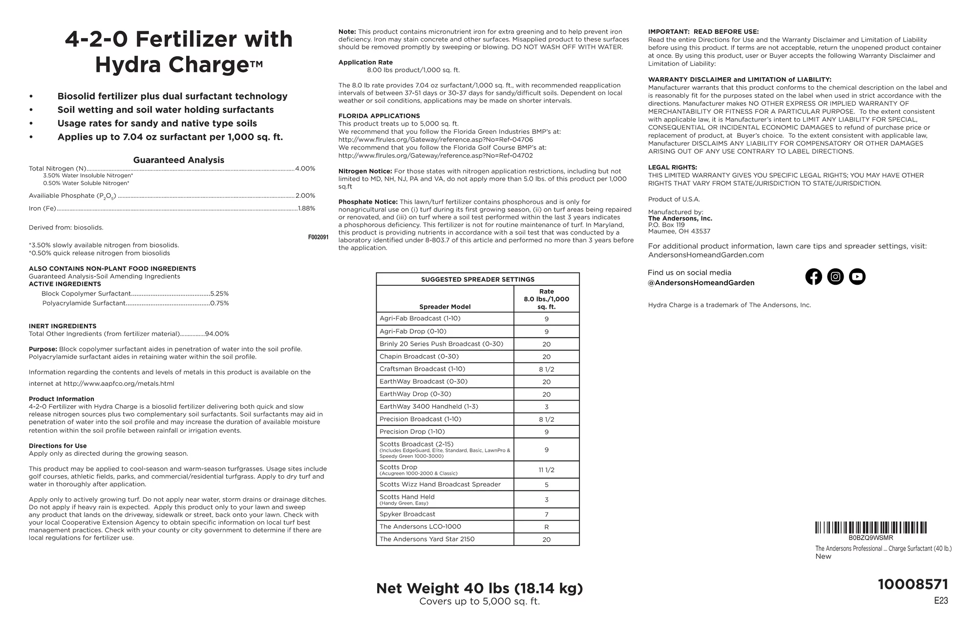The Andersons Hydra Charge™ Biosolid Fertilizer Plus Surfactant 4-2-0 (40 lb. Bag) - Covers up to 5,000 Sqft.