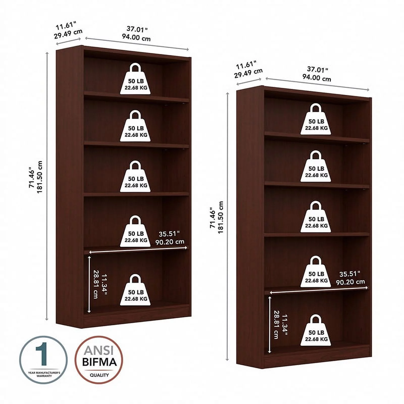 UrbanPro Furniture Universal 5 Shelf Bookcase in Vogue Cherry (Set of 2)