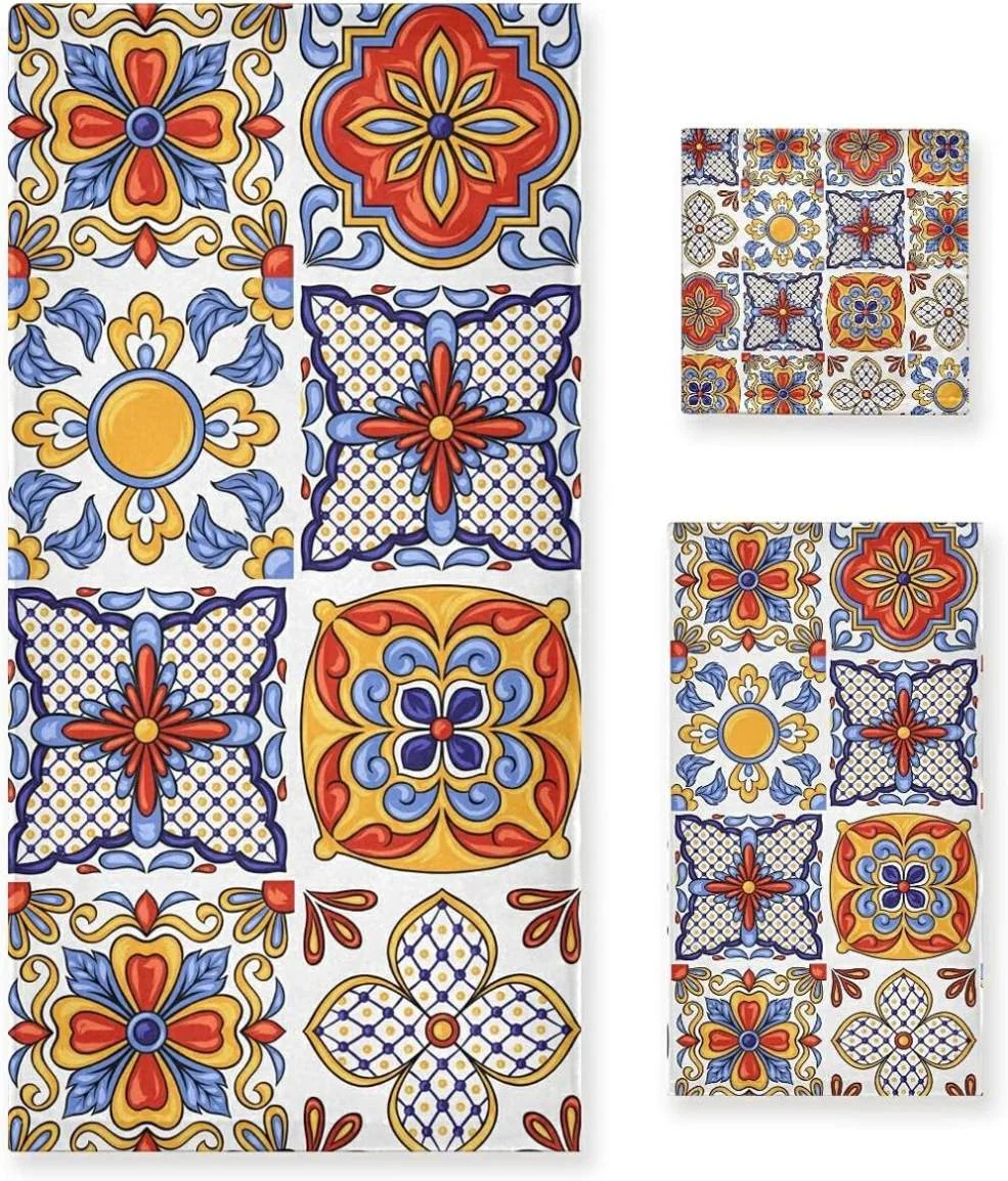 Hyjoy Mexican Talavera Ceramic Tile Towel Set Absorbent Soft 3-Piece Bath Towel Hand Towel Washcloth Decorative Towels for Bathroom Gym Hotel Beach Swimming Pool