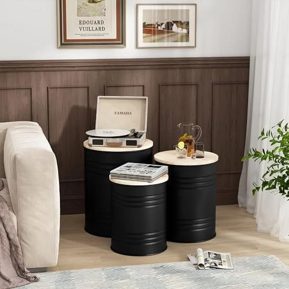 Farmhouse Accent Side Table Set of 3 Galvanized Rustic Coffee Table  Metal  Ottoman with Wood Lid  Farmhouse End Table Nesting Table for Living Room