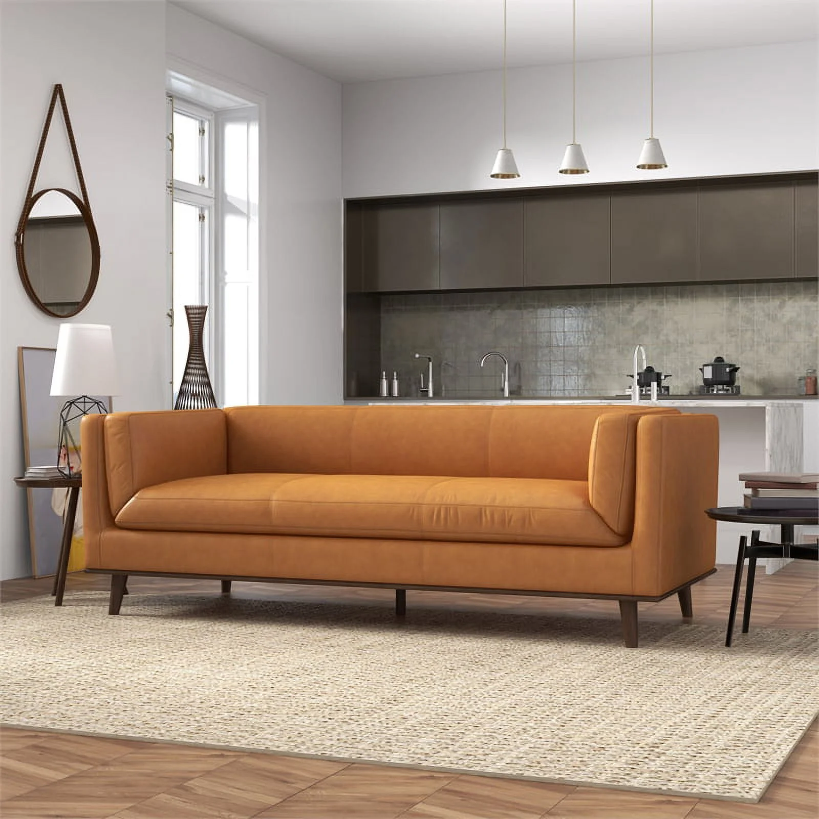 Dolomite Mid Century Modern Living Room Genuine Leather Sofa in  Cognac Tan