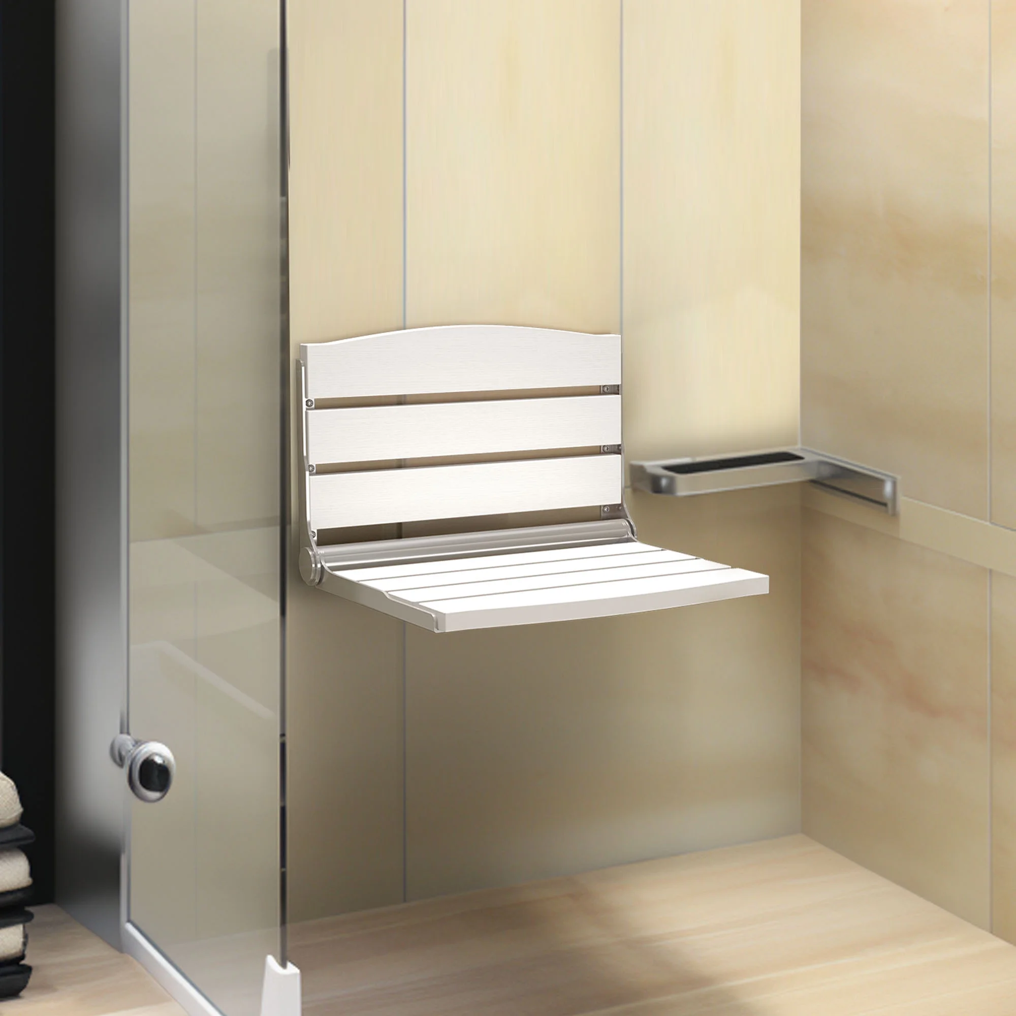 Dextrus Folding Wall Mount Shower Bench Seat, Folding Shower Chair, Waterproof Shower Bench Versatile Seat - White