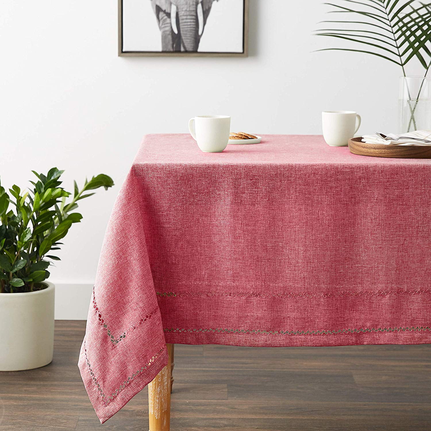 Violet Linen Hem Stitch Border Pattern, Polyester, Non-Stain, Spill-Proof and Water Resistance, Cranberry, 68 Inch by 108 Inch, Seats 8 to 10 people, Rectangle