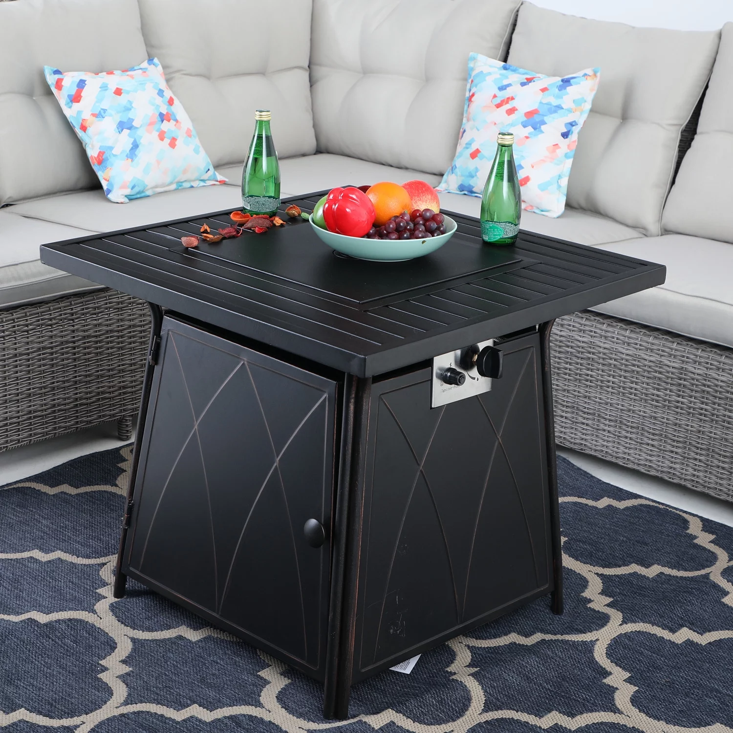 MF Studio 5 Pieces Outdoor Patio Dinning Set with 50,000 BTU Steel Gas Fire Pit Table & 4 Rattan Cushioned Swivel Chairs