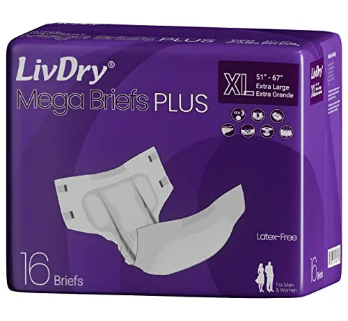 LivDry MegaBriefs XL Adult Diapers with Tabs, Max 12-Hour Capacity, Super Absorbent Incontinence Underwear, Leak Protection Briefs, Extra Large, 16-Pack