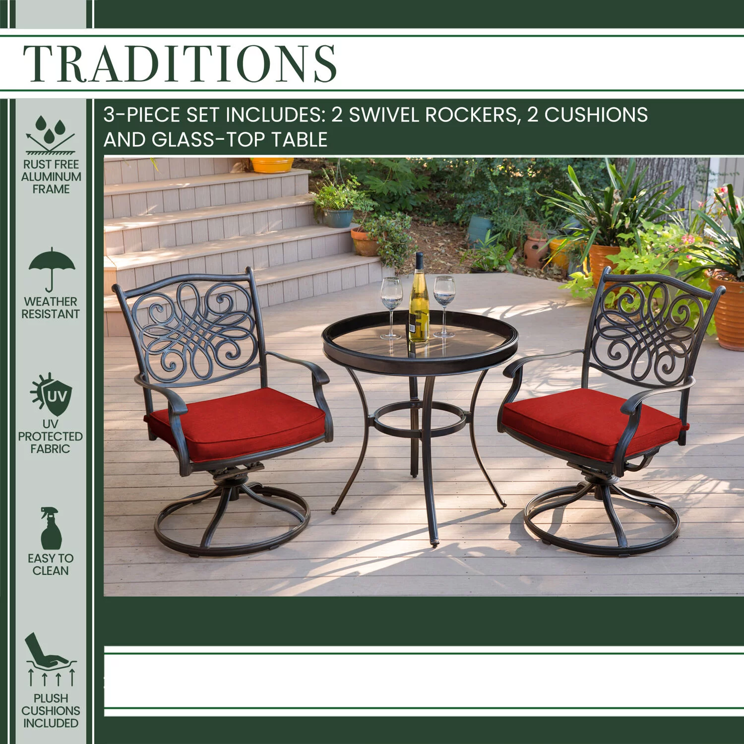 Hanover Traditions 3-Piece Swivel Bistro Set in Red with a 30 in. Glass-top Table