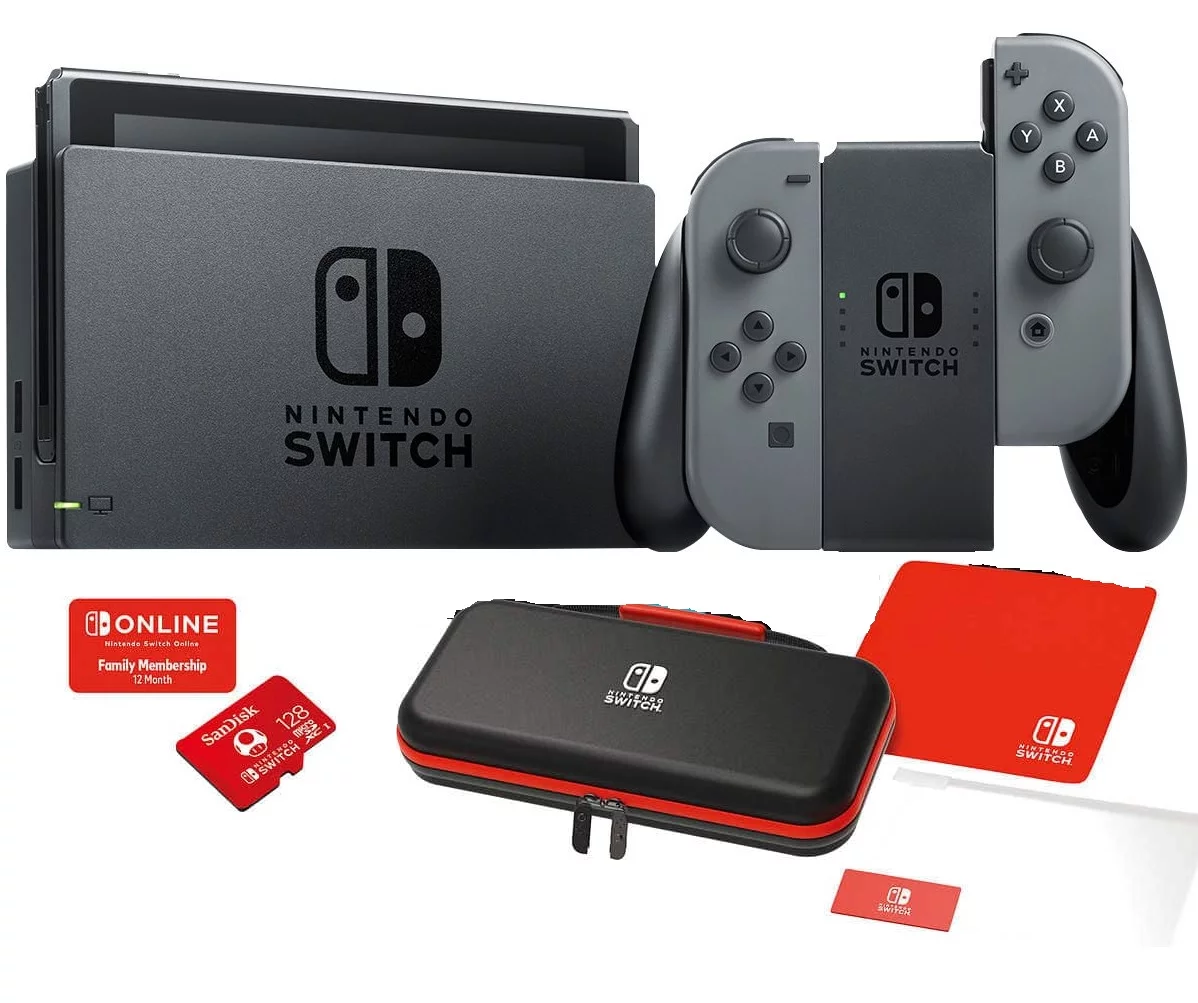 Nintendo Switch Gaming Console system with Grey Joy-con 4 items Bundle