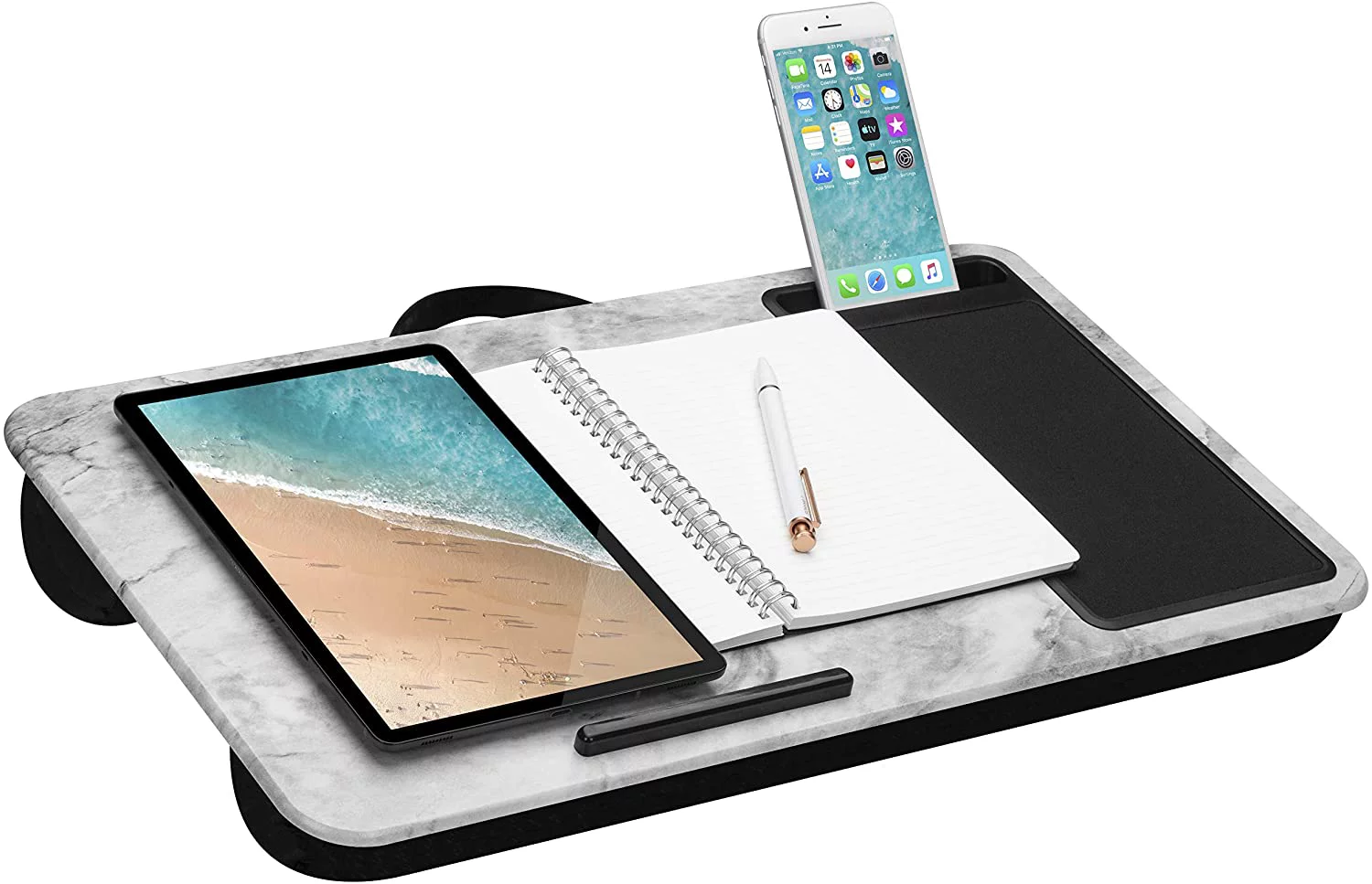 LapGear Home Office Lap Desk with Device Ledge, Mouse Pad, and Phone Holder - White Marble - Fits up to 15.6 Inch Laptops - Style No. 91501