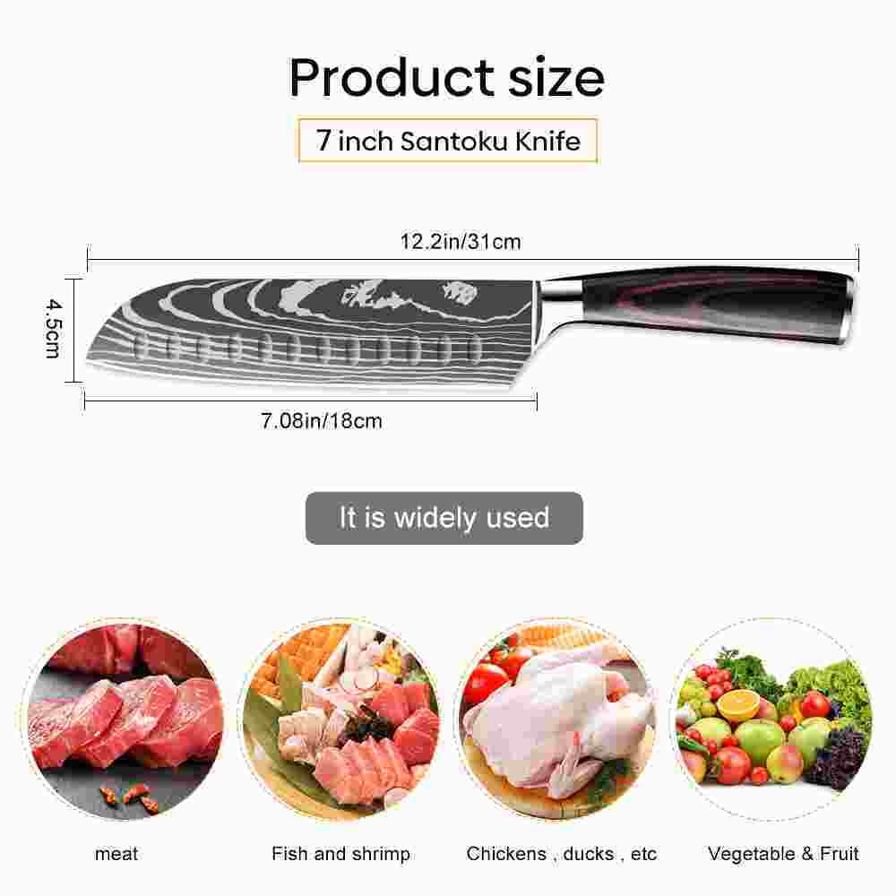 7 Inch Santoku Knife Stainless Steel Non-Slip Sheath and Handle Black