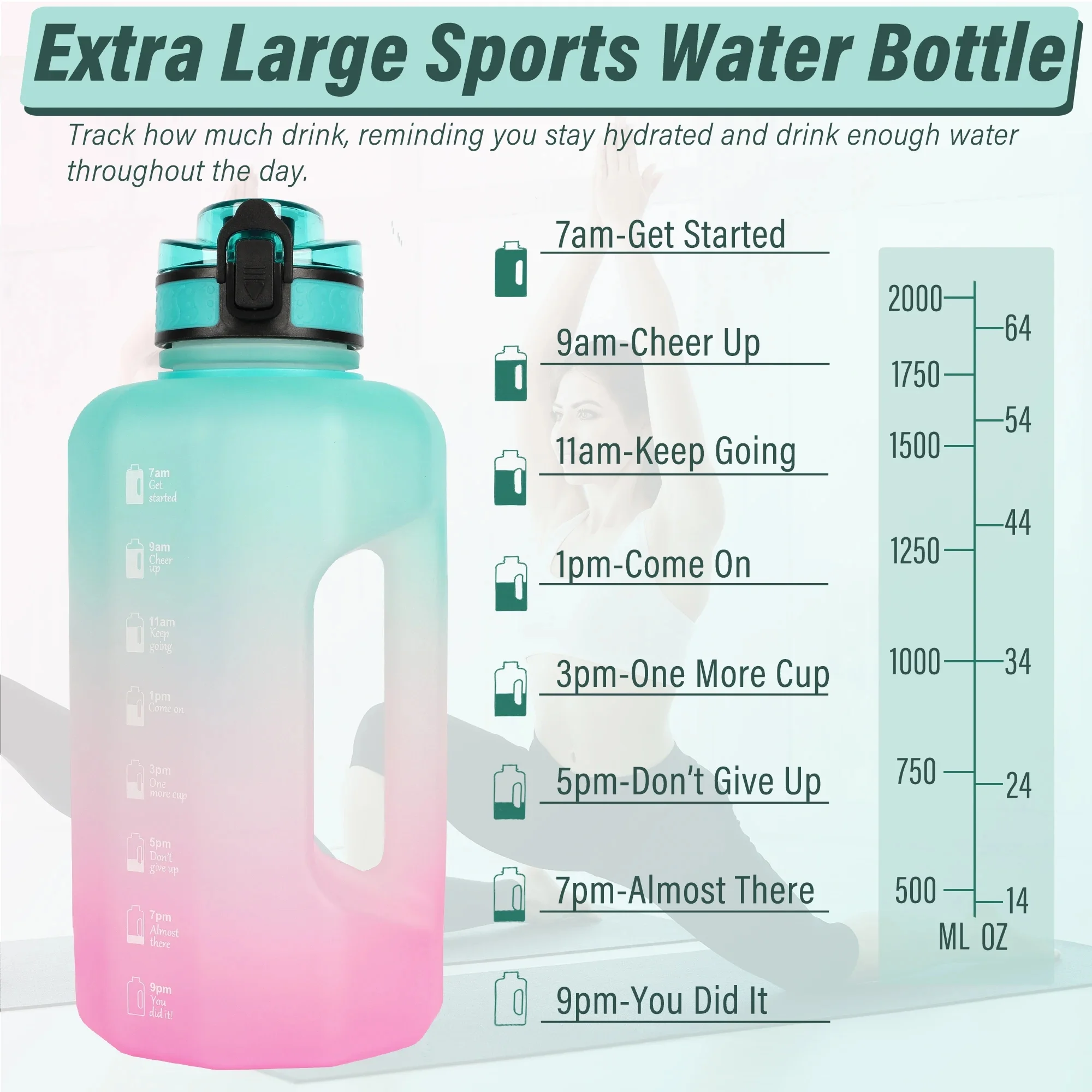 Large 2.2 Litre Water Bottle with Handle - BPA Free  Leak Proof and Motivational Time Quotes - Big Capacity Hydration Jug for Gym and Fitness
