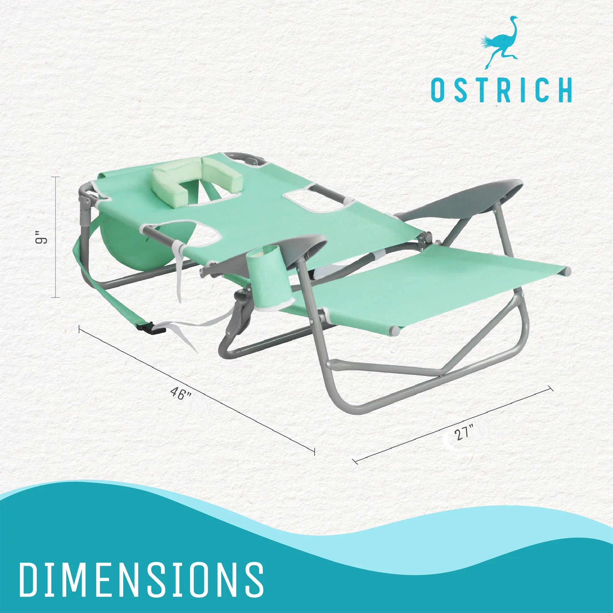 Ostrich Chaise Lounge Beach Chair w/On-Your-Back Camping Lawn Chair, Teal