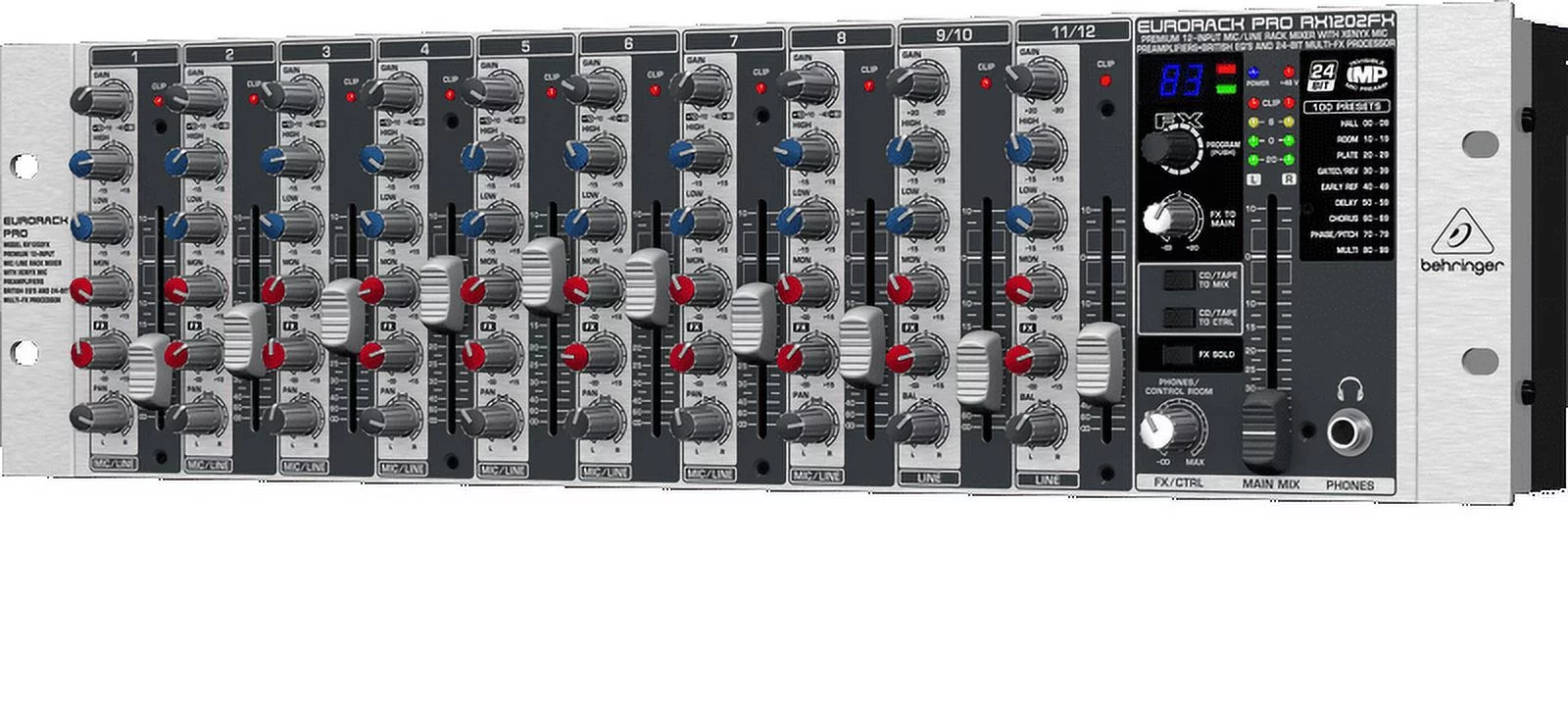 Behringer EURORACK PRO RX1202FX Premium 12-Input Mic/Line Rack Mixer w/ XENYX Mic Preamplifiers, British EQ's & Multi-FX Processor