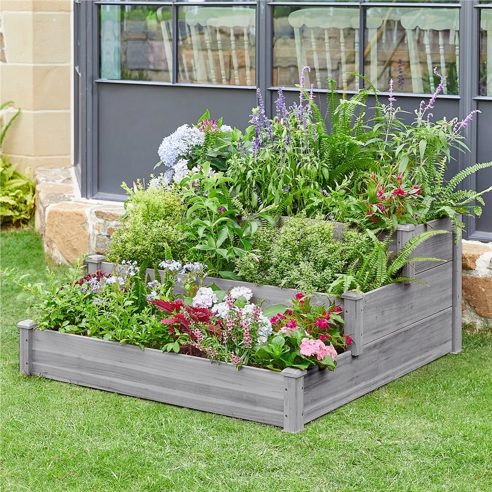SmileMart 3 Tier Wood Raised Garden Bed Planter Elevated for Flowers Vegetables, Gray