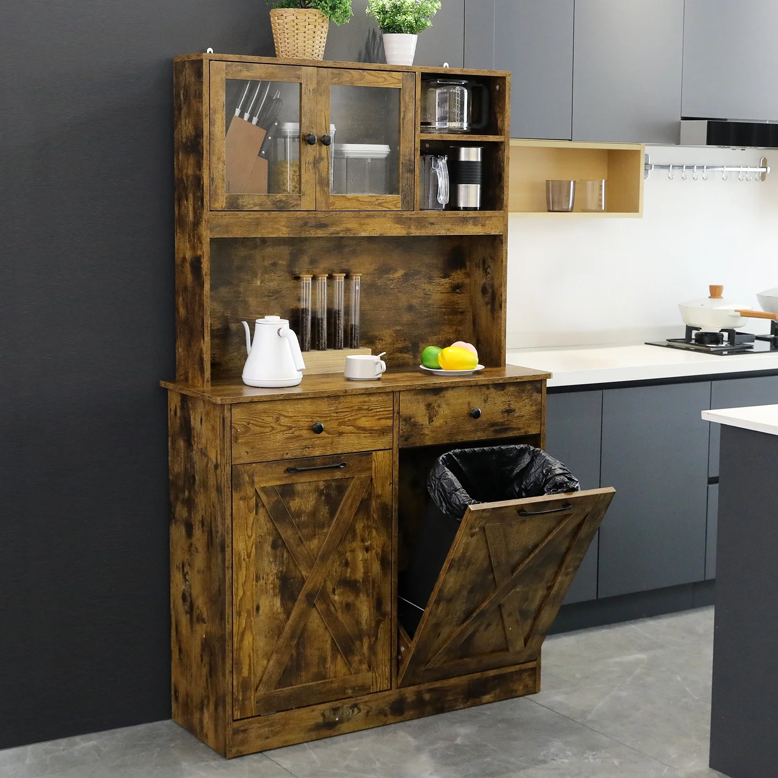 LAZY BUDDY Dual Tilt Out Trash Cabinet, 20 Gallon Kitchen Hidden Garbage Can Cabinet Tall Freestanding Kitchen Pantry Cabinet, Brown