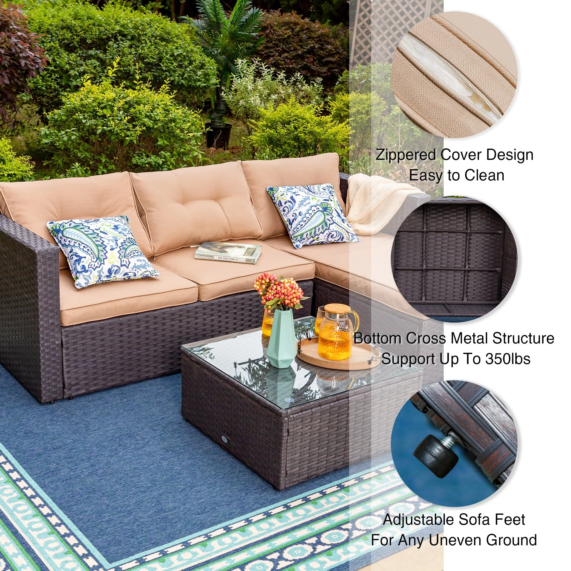 Sophia & William 3 Pieces Outdoor Wicker Rattan Sectionals Patio Conversation Sets - Beige