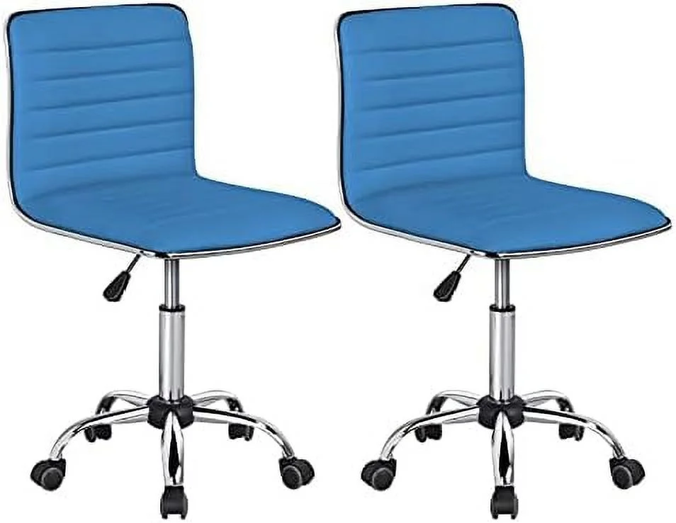 TJCGDTY 2 PCS Office Chair PU Leather Ribbered Low-Back Modern  Chair Executive Chair Armless Swivel Task Chair  Blue
