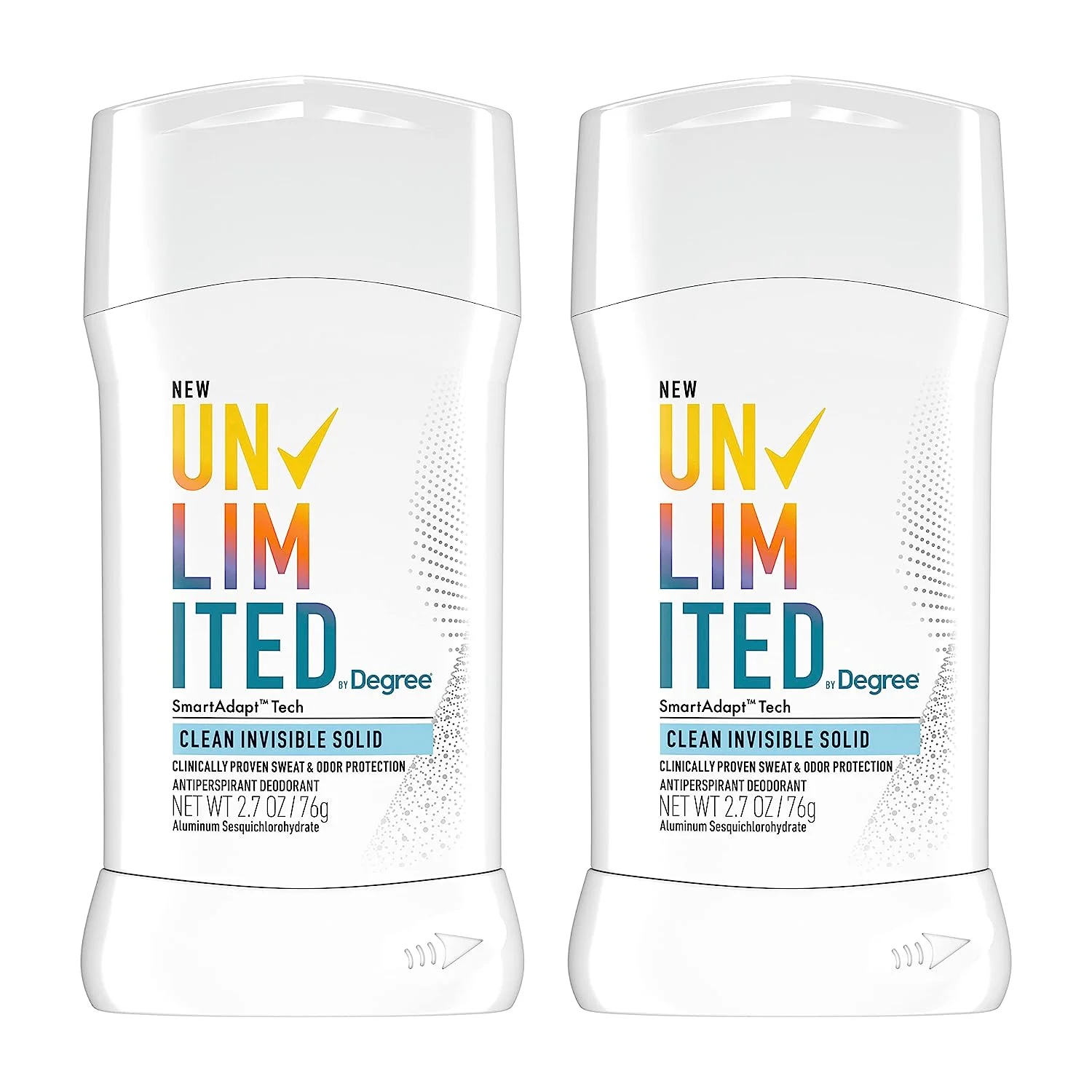 Degree Unlimited Antiperspirant Deodorant Stick Clean 2 Count Long-Lasting Sweat & Odor Protection with Antiperspirant Technology SmartAdapt Tech 2.7 oz Clean Invisible Solid 2.70 Ounce (Pack of 2)