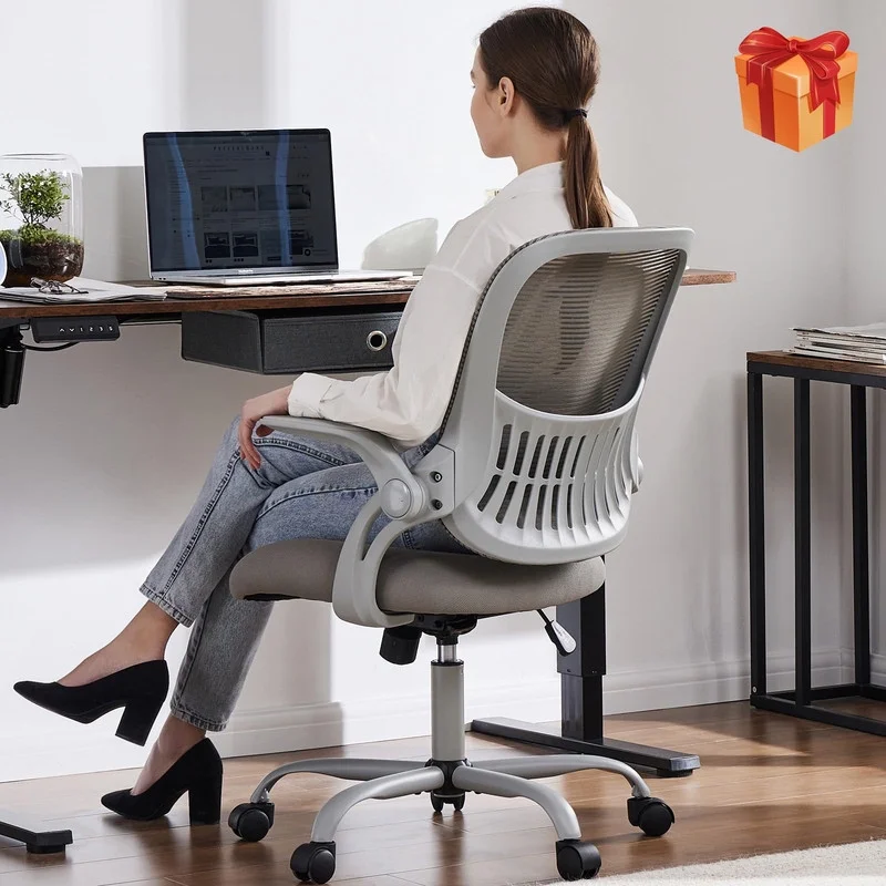 Office Computer Desk Chair, Ergonomic Mid-Back Mesh Rolling Work Swivel Task Chairs with Wheels, Comfortable Lumbar Support, Comfy Flip-up Arms for Home, Bedroom, Study, Student, Grey