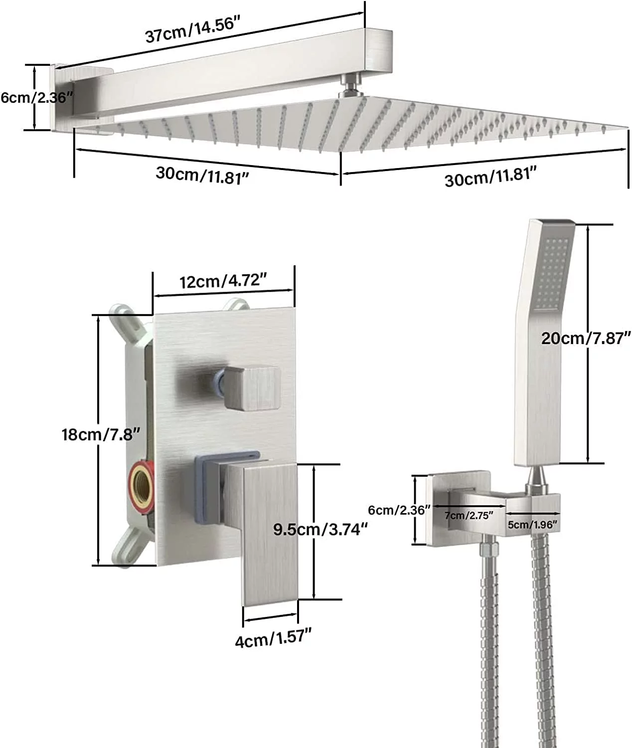 Shower Faucet Matte Black Shower System with 12 Inches Rain Shower Head and Handheld Spray Bathroom Luxury Rain Shower Faucet Set Complete Wall Mounted