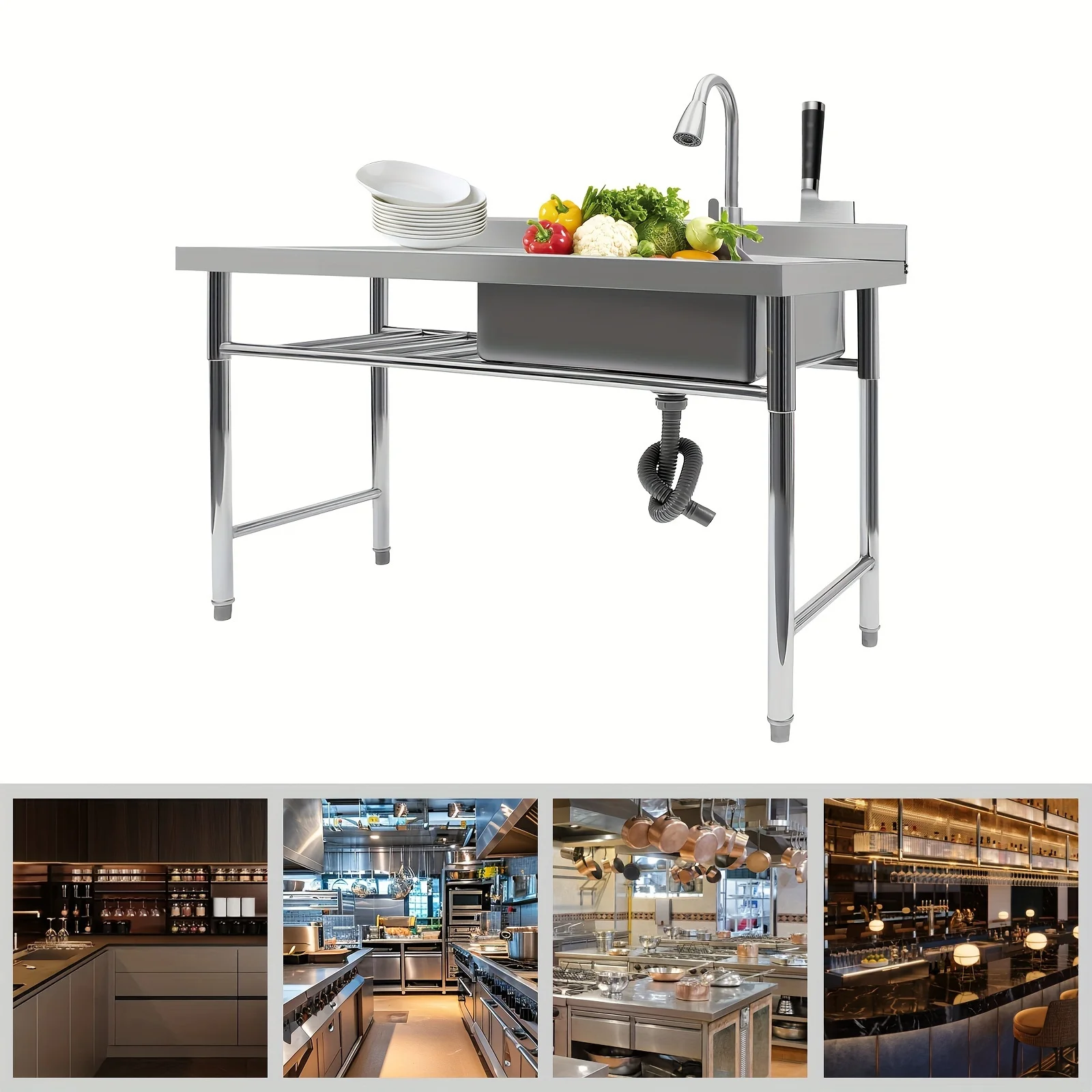 Commercial Restaurant Sink,Stainless Steel Utility Sink Free-standing Kitchen Sink, Freestanding Outdoor Sink with Pull-Out Faucet(Single Bowl)