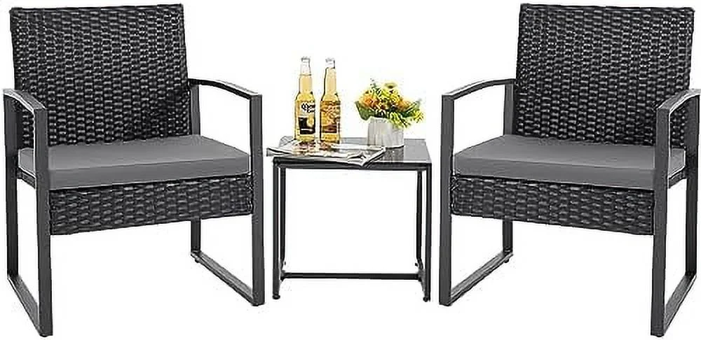 MQLIFEBOOM Patio  Sets 3 Pieces Outdoor Conversation Set with Coffee Table Patio Wicker Rattan Chairs Set Bistro Sets for Garden  Yard  Lawn  and Balcony (Gray)