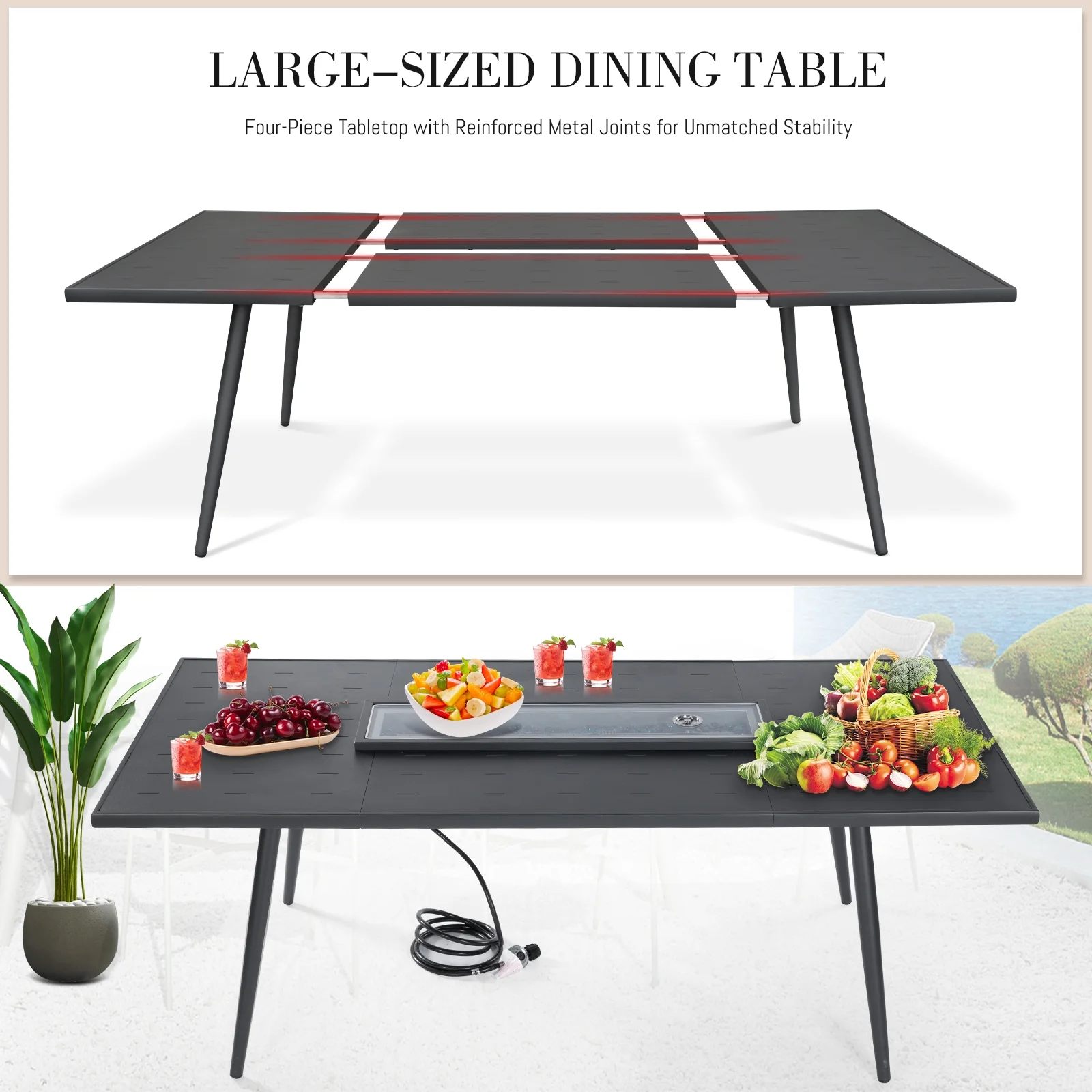 NICESOUL 8 Piece Aluminum Outdoor Patio Dining Furniture Set with Fire Pit, 6-seat Outdoor Patio Table and Chairs Dining Set with Soft Cushions for Yard Garden Porch and Deck