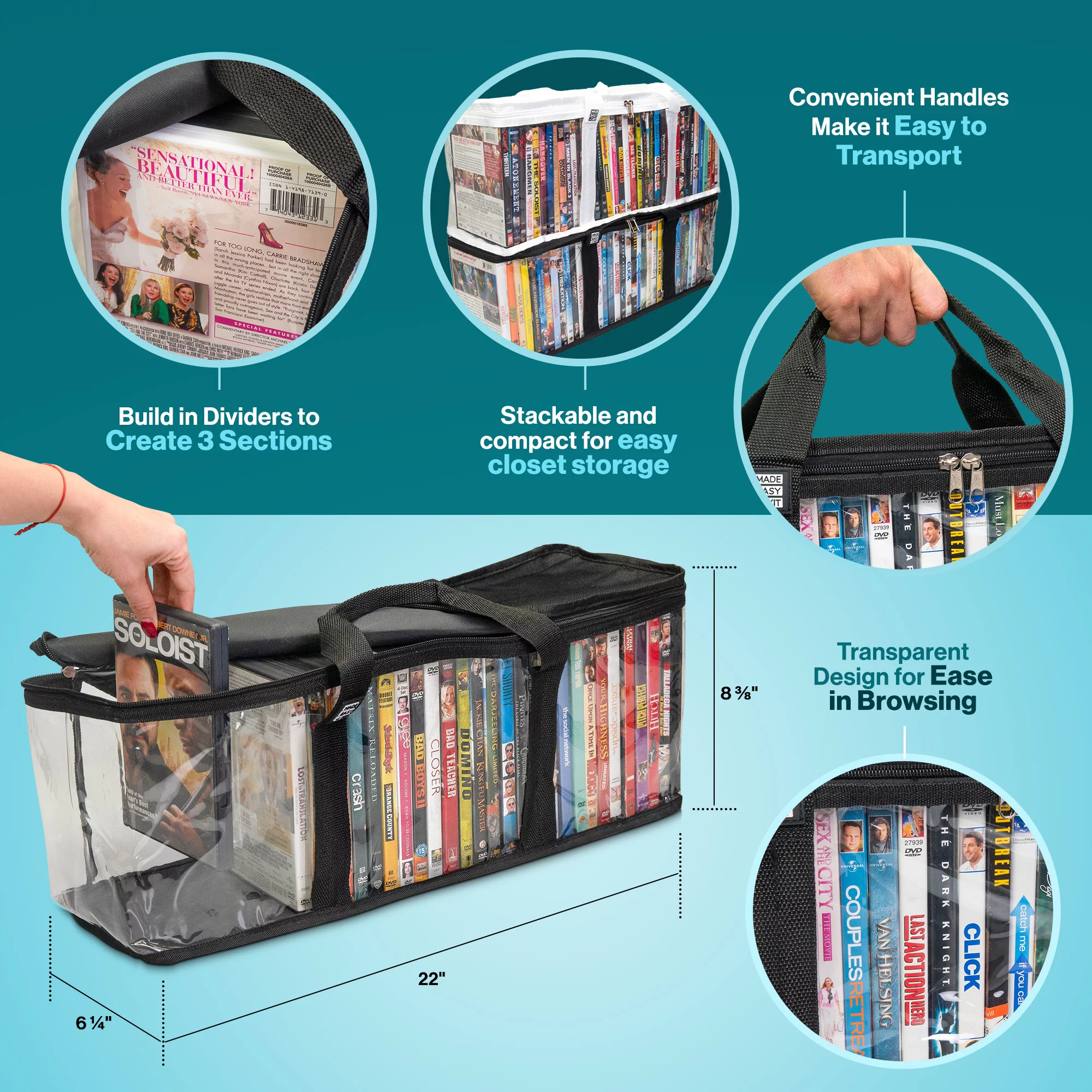 Made Easy Kit DVD Storage Bag Case - Clear PVC Organizer, Triple-Stitched Handles, Dividers - Stackable, Space-Saving, Fits 40 DVDs - Container For Movie Discs, Video Games, VHS Tapes (Black, 6 Bags)