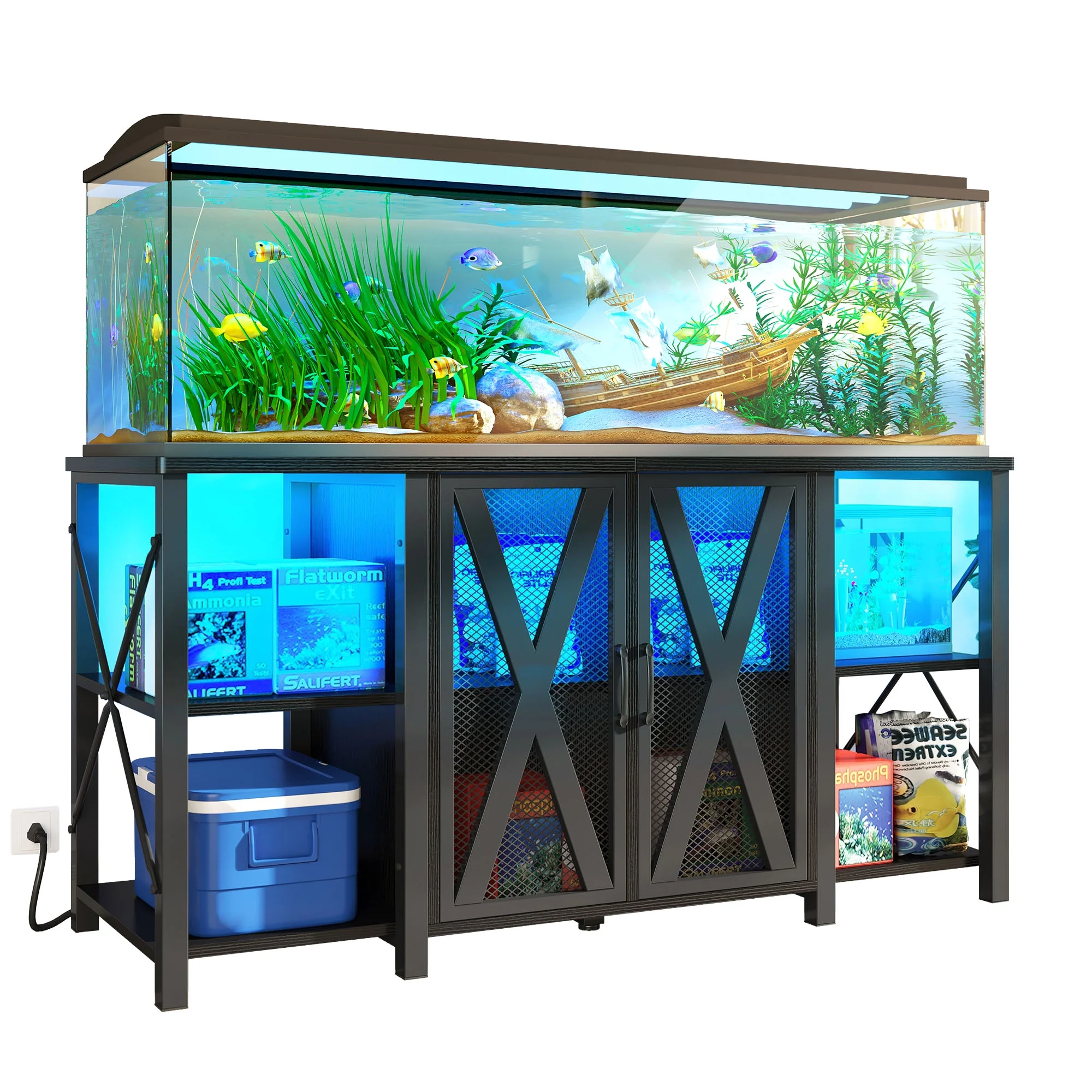 Dextrus Heavy Duty Metal Aquarium Stand with Power Outlets and LED Light- Suitable for 75-120 Gallon Fish Tank Stand, Turtle Tank, Reptile Terrarium (2000lbs Capacity) - Black