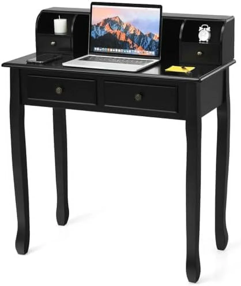 GVJMTKP Small Writing Desk with Removable Hutch  2-Tier Vanity Table with 4 Drawers  3 Cubbies & Pine Wood Legs  Study Computer Desk for Bedroom Home Office (Pink)