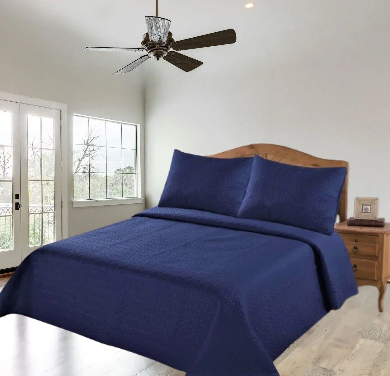 NAVY QUEEN MIDWEST MODERN 1900 COUNT MICROFIBER SOFT TOUCH  LANCASTER CLOSEOUT QUILT BEDDING BEDSPREAD COVERLET PILLOW CASES SET