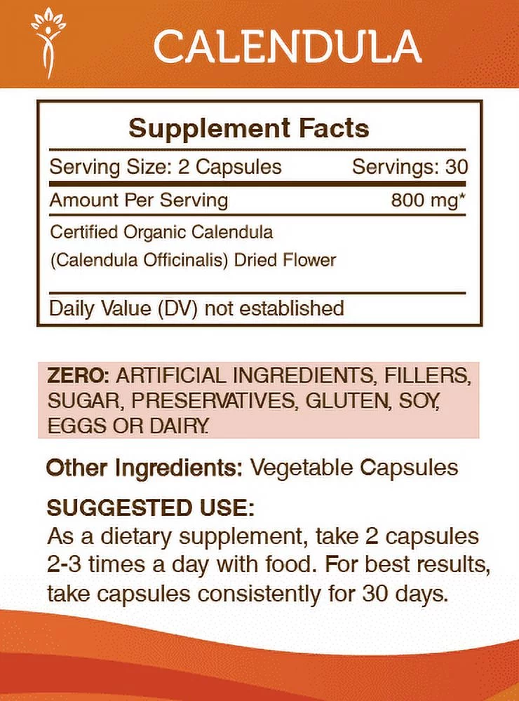 Secrets of the Tribe Calendula 60 Capsules, 400 mg, Organic Calendula (Calendula Officinalis) Dried Flower