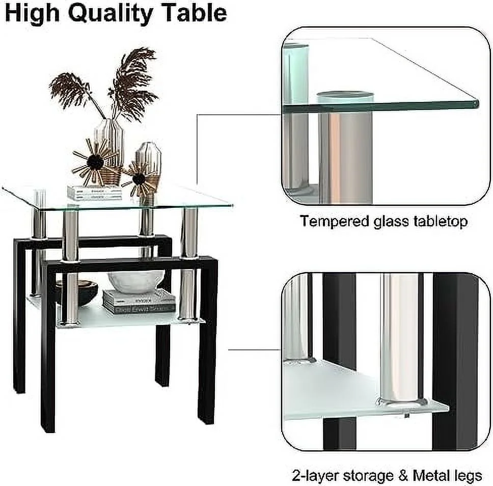 JDZHAPPYLIFE Glass End Table  Modern Side Tables White Small Coffee Table Living Room Table Square Nightstand  Tempered Glass Top Home  (White  2 pcs)