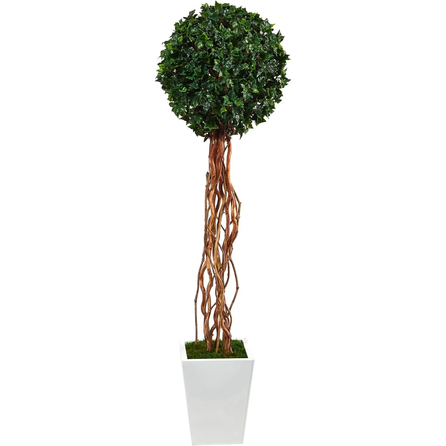 HomeStock 62In. English Baroque Beauty Single Ball Artificial Topiary Tree In White Metal Planter Uv Resistant (Indoor/Outdoor)