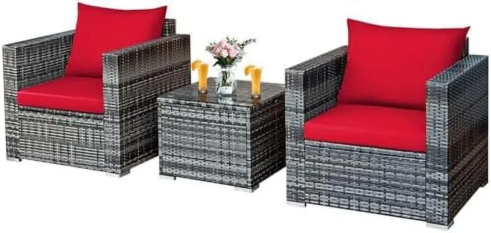 HBBOOMLIFE 3 Pieces Patio  Set  Outdoor Rattan Sofa Couch Set with Cushions  Tempered Glass Coffee Table  Wicker Patio Conversation Set for Lawn Backyard Poolside Balcony  Red