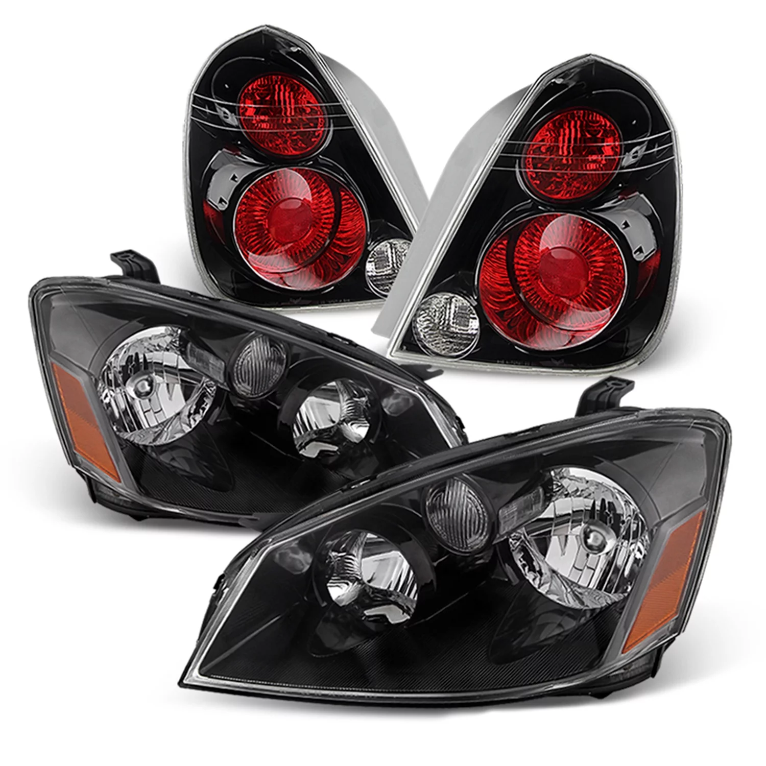 AKKON - Combo Black Healights + Tail Lamp Fits 2005-2006 Altima Base / S / SL / SE Model Pair Left+Right Replacement