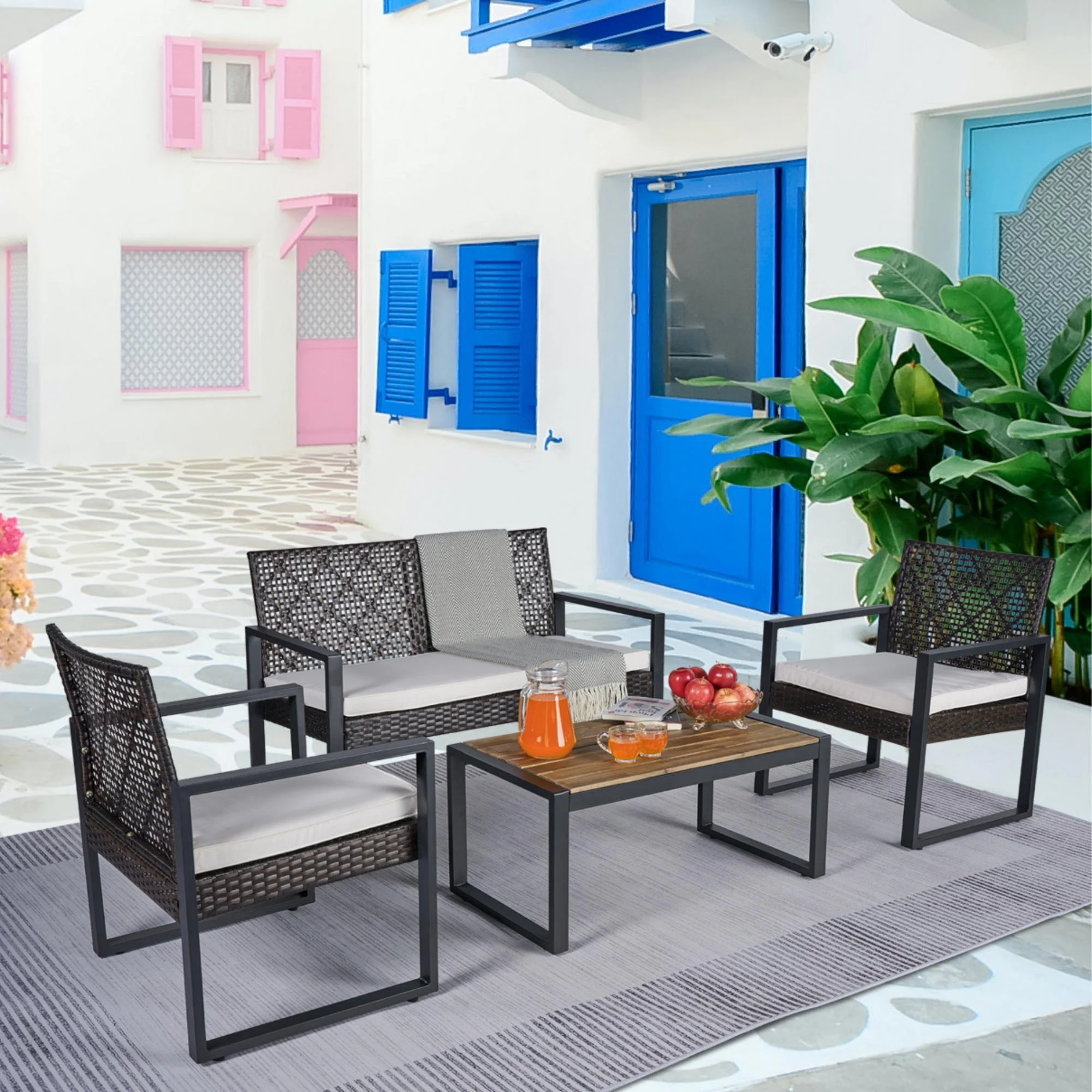 4 Piece Outdoor Conversation Set, Acacia Wood Tabletop Coffee Table with 2 Single Sofas and 1 Double Sofa,Brown