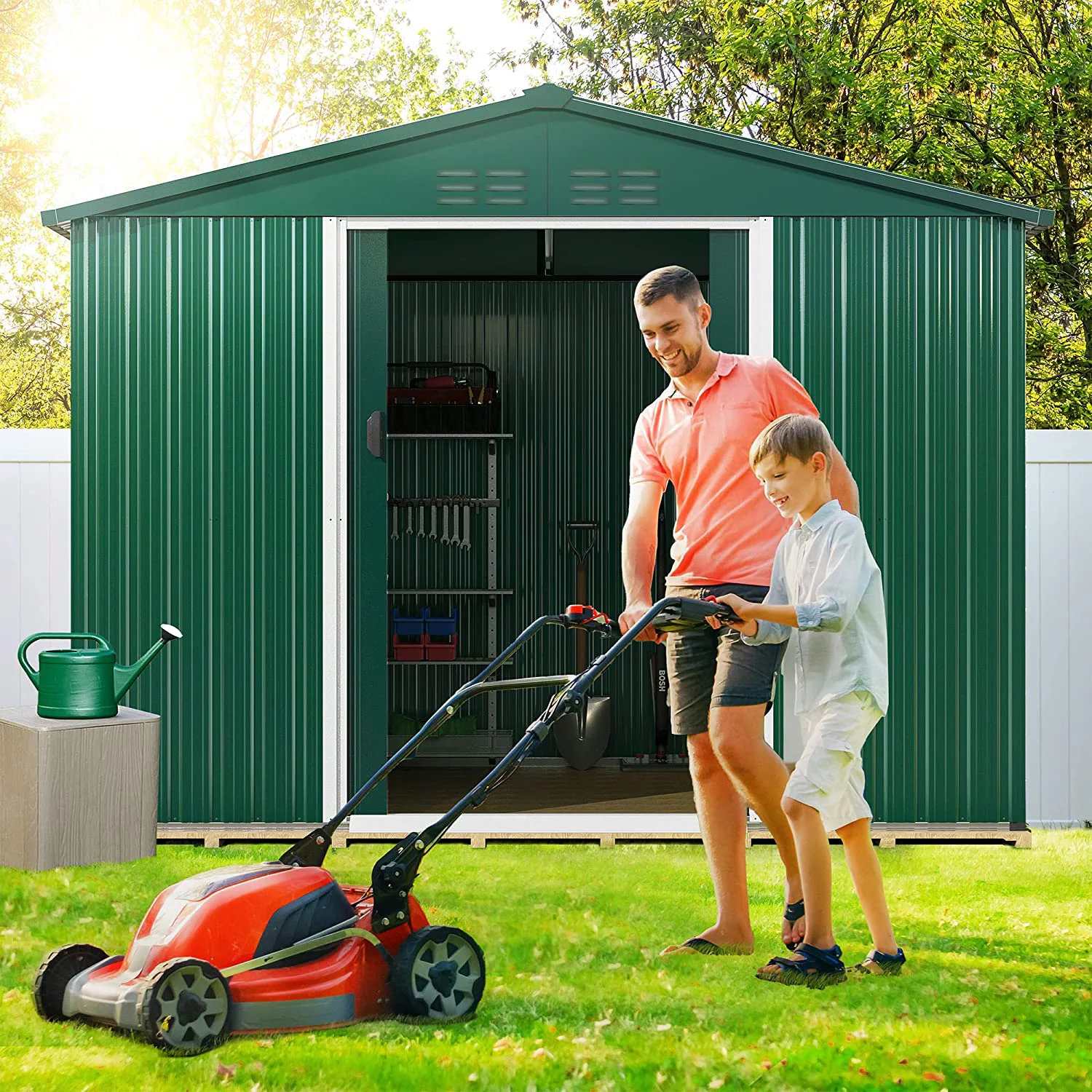AUCHI  6x8 FT Outdoor Storage Shed, Large Metal Tool Sheds, Heavy Duty Storage House with Sliding Doors & Air Vent for Backyard Patio Lawn to Store Bikes, Tools, Lawnmowers, Green