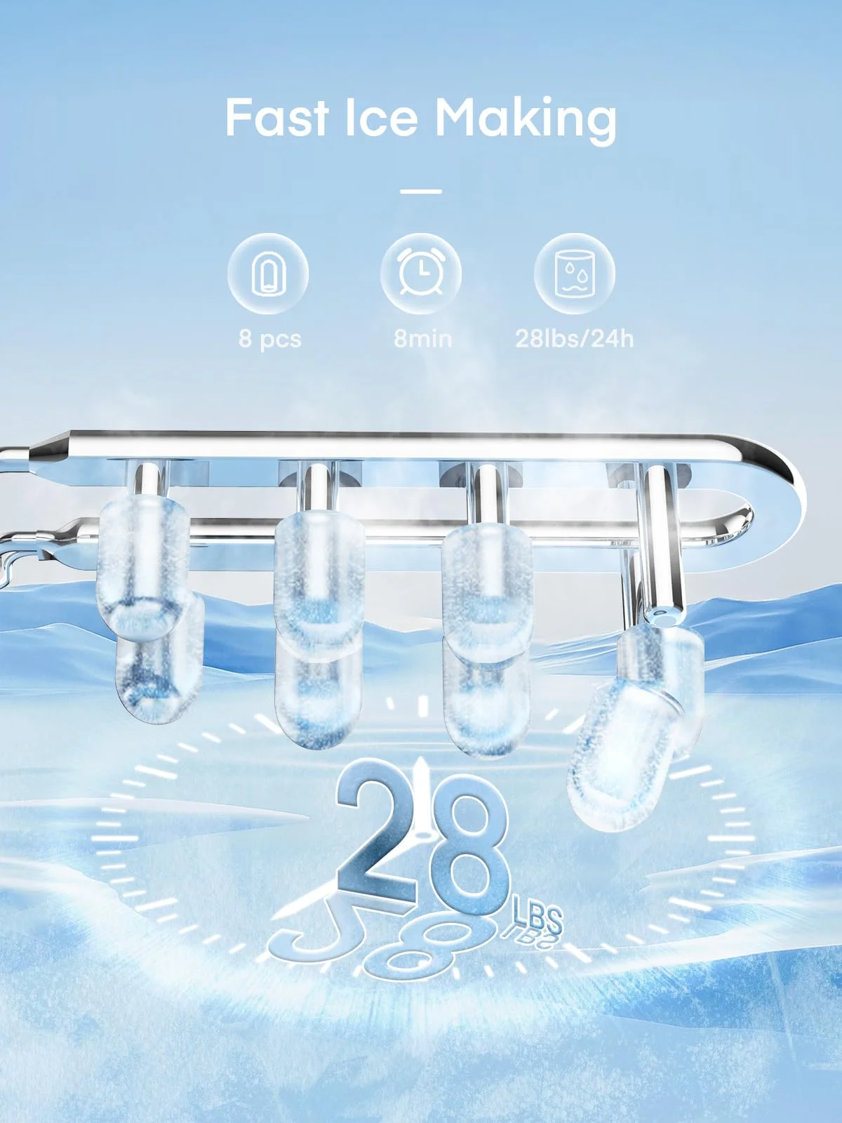 Ice Maker Machine Countertop with Handle, 28lbs in 24H, 2 Ice Sizes, Seflclean, Bullet Shaped Ice for Home Kitchen Office Bar