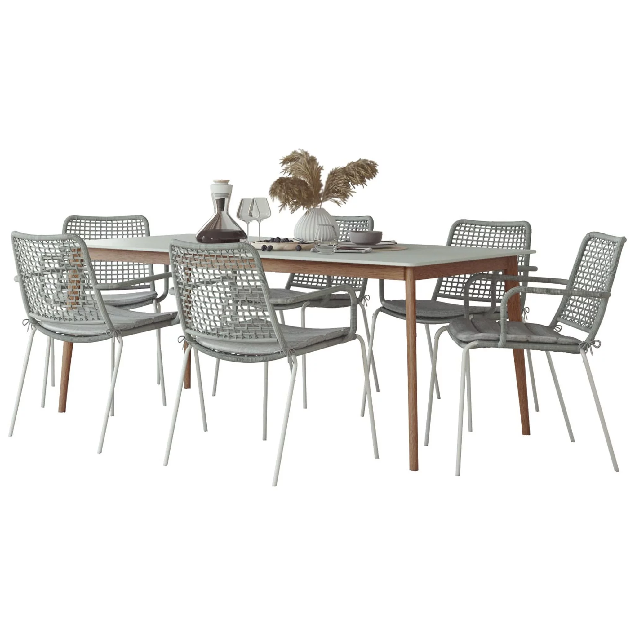 Amazonia Swansea 9-Piece Patio Rectangular Dining Table Set | Eucalyptus Wood | Ideal for Outdoors and Indoors, Grey Cushions