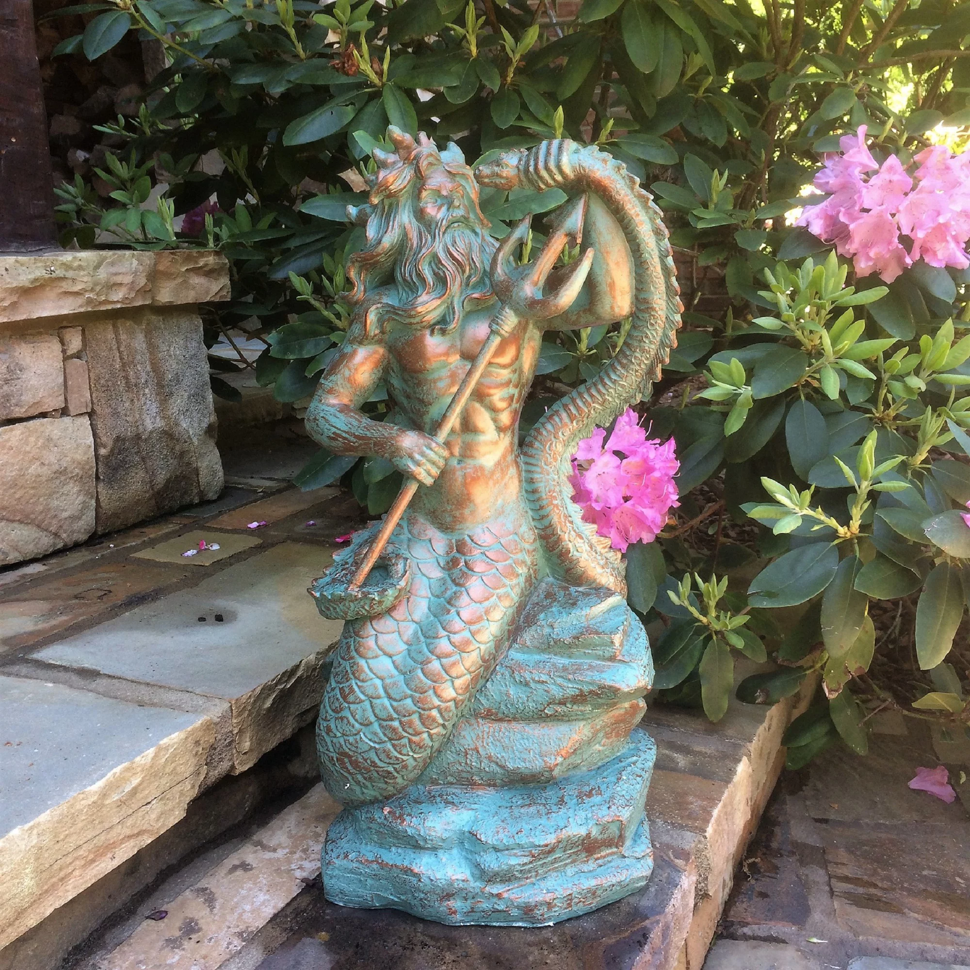 Homestyles 22 in. Bronze Patina Poseidon Ruler of Sea Sitting on Rock Nautical Beach Extra Large Mermaid Statue