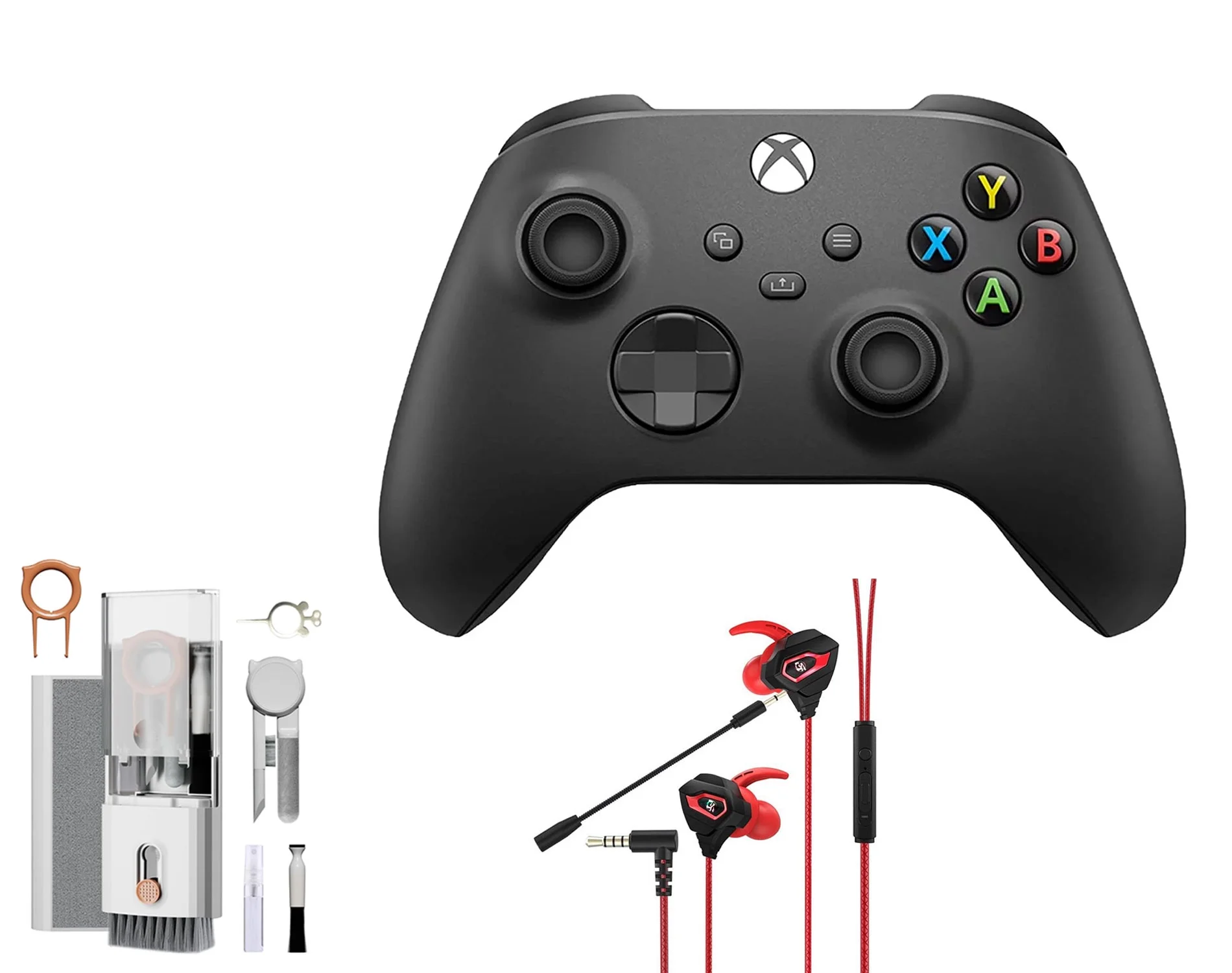 Microsoft Xbox Wireless Carbon Black Controller for Xbox Console + Wired Earbuds With Cleaning Kit BOLT AXTION Bundle Like New