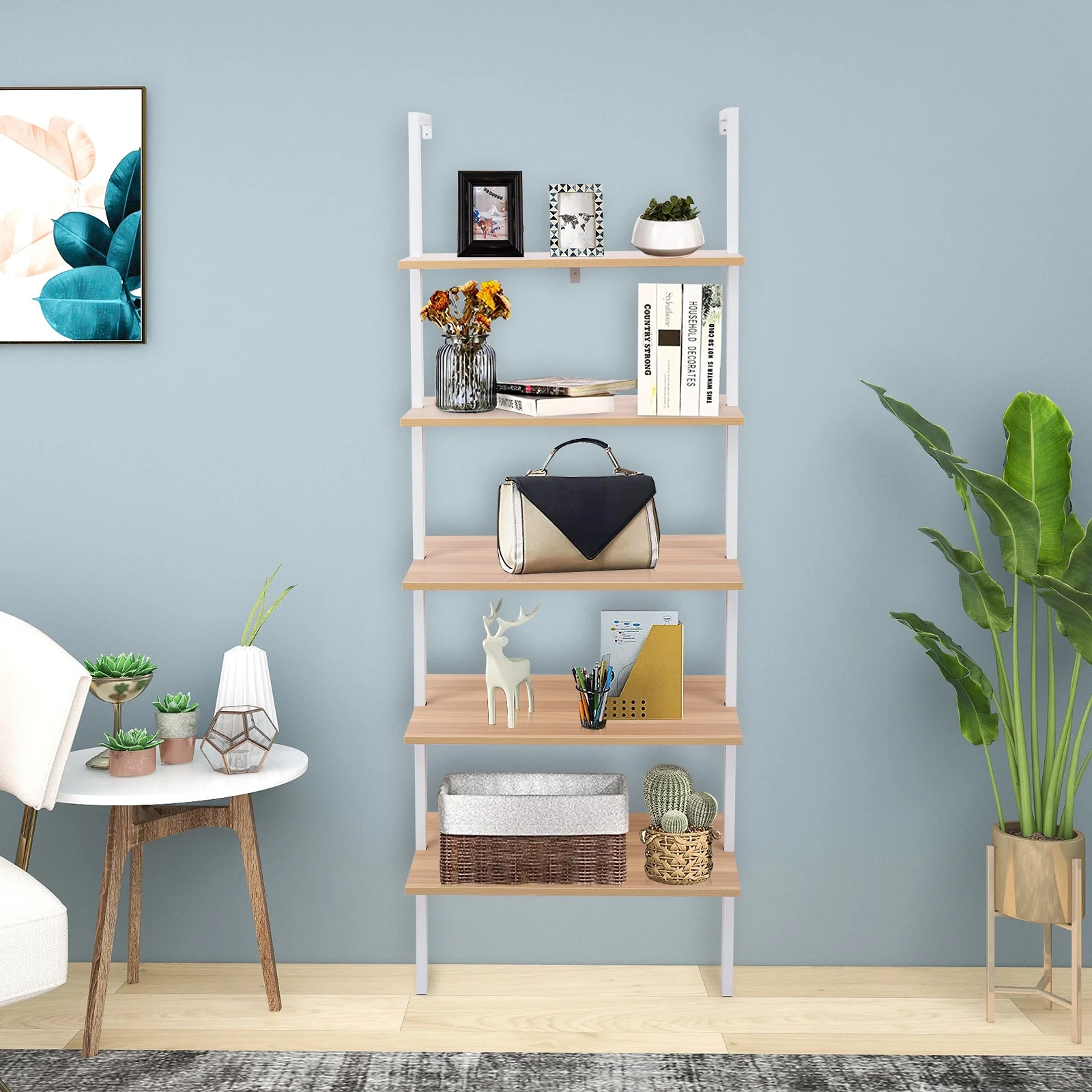 CAIHONG 5-Shelf Wood Modern Bookcase, Open Wall Mount Ladder Bookshelf with Industrial Metal Frame, (23.62 x 11.81 x 70.87)