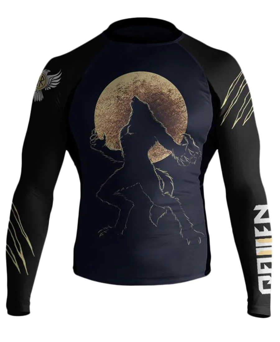 Raven Fightwear Men's BJJ Horror Werewolf Long Sleeve MMA Rash Guard Medium