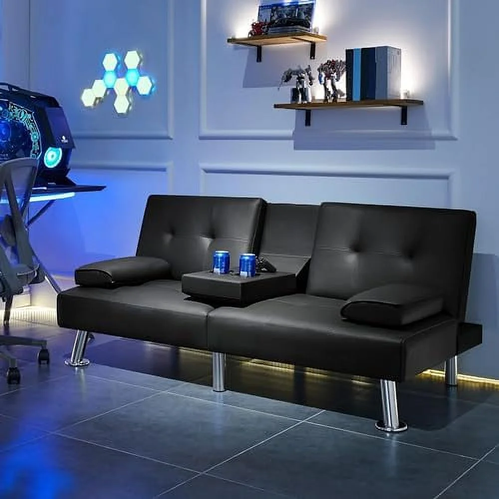 JDZHAPPYLIFE Convertible Sofa Bed Adjustable Couch Sleeper Modern Faux Leather Recliner Reversible Loveseat Folding Daybed Guest Bed  Removable Armrests  Cup Holders  3 Angles  772lb Capa