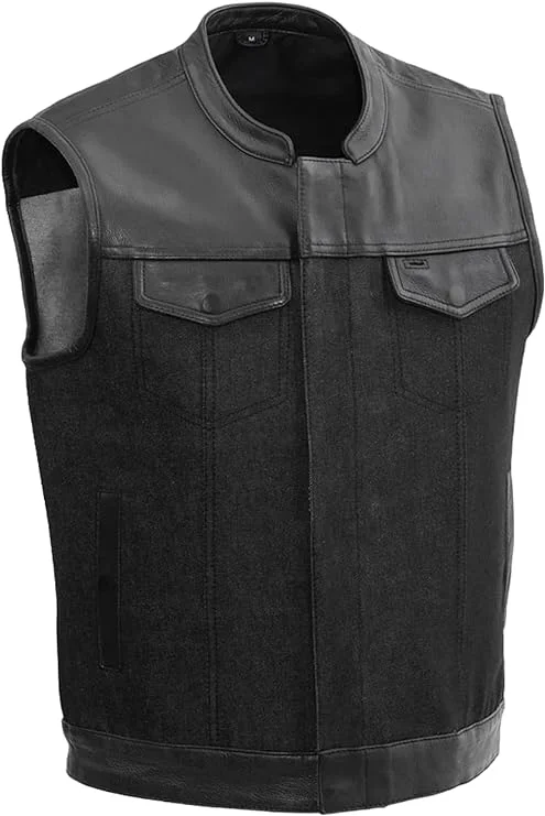 First Mfg Co - 49/51 - Men's Motorcycle Biker Riding Black Denim, Leather Vest - 2X Large