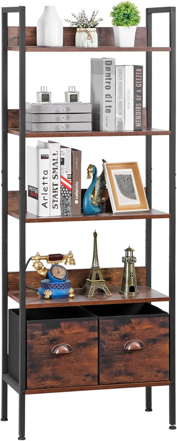 TJVNLDE 5-Tier Bookshelf  Tall Bookshelf Modern Bookcase for CDs/Movies/Books  Book Case with 2  Drawers  Industrial Display Standing   Room  Bedroom  Home Office  Rustic Brown