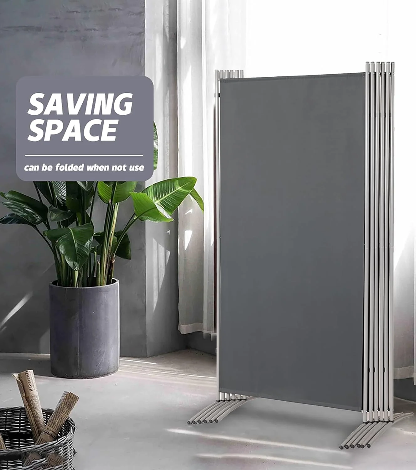 6 Panels Room Divider 6 FT Tall Weave Material Room Divider, Double Hinged Folding Privacy Screens, Freestanding Room Dividers, Grey