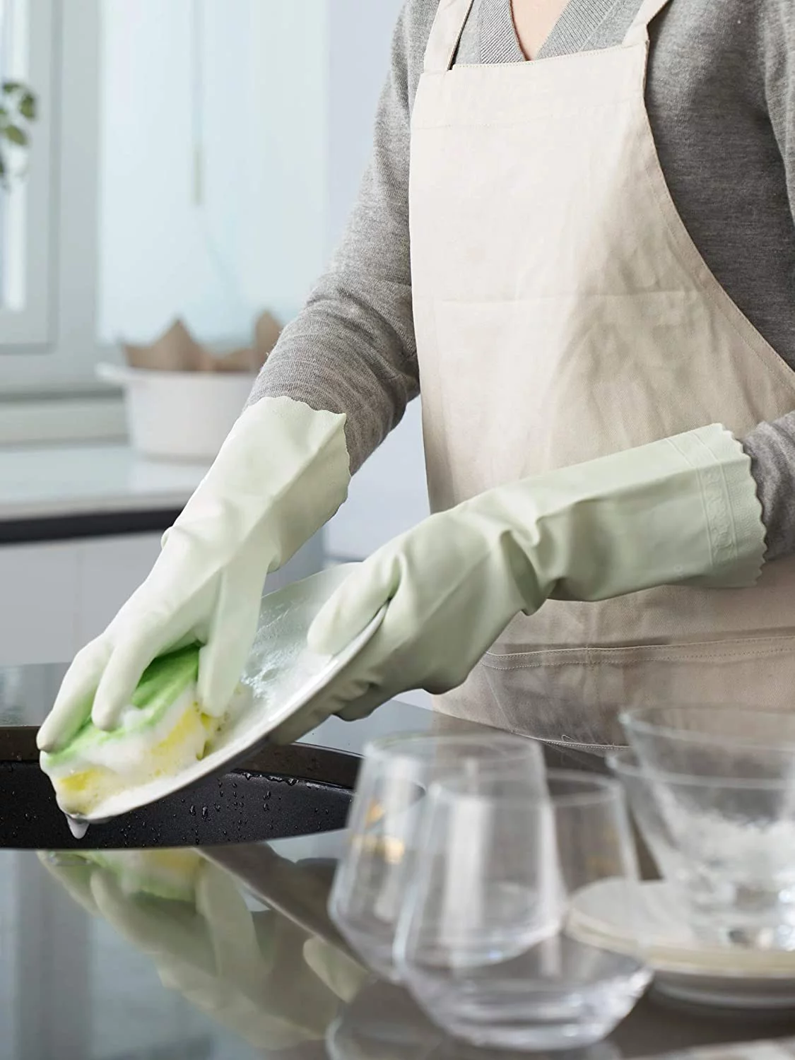 LANON wahoo Skin-Friendly Cleaning Gloves, Dishwashing Kitchen Gloves with Cotton Flocked Liner, Reusable, Non-Slip, Canary Green, Small