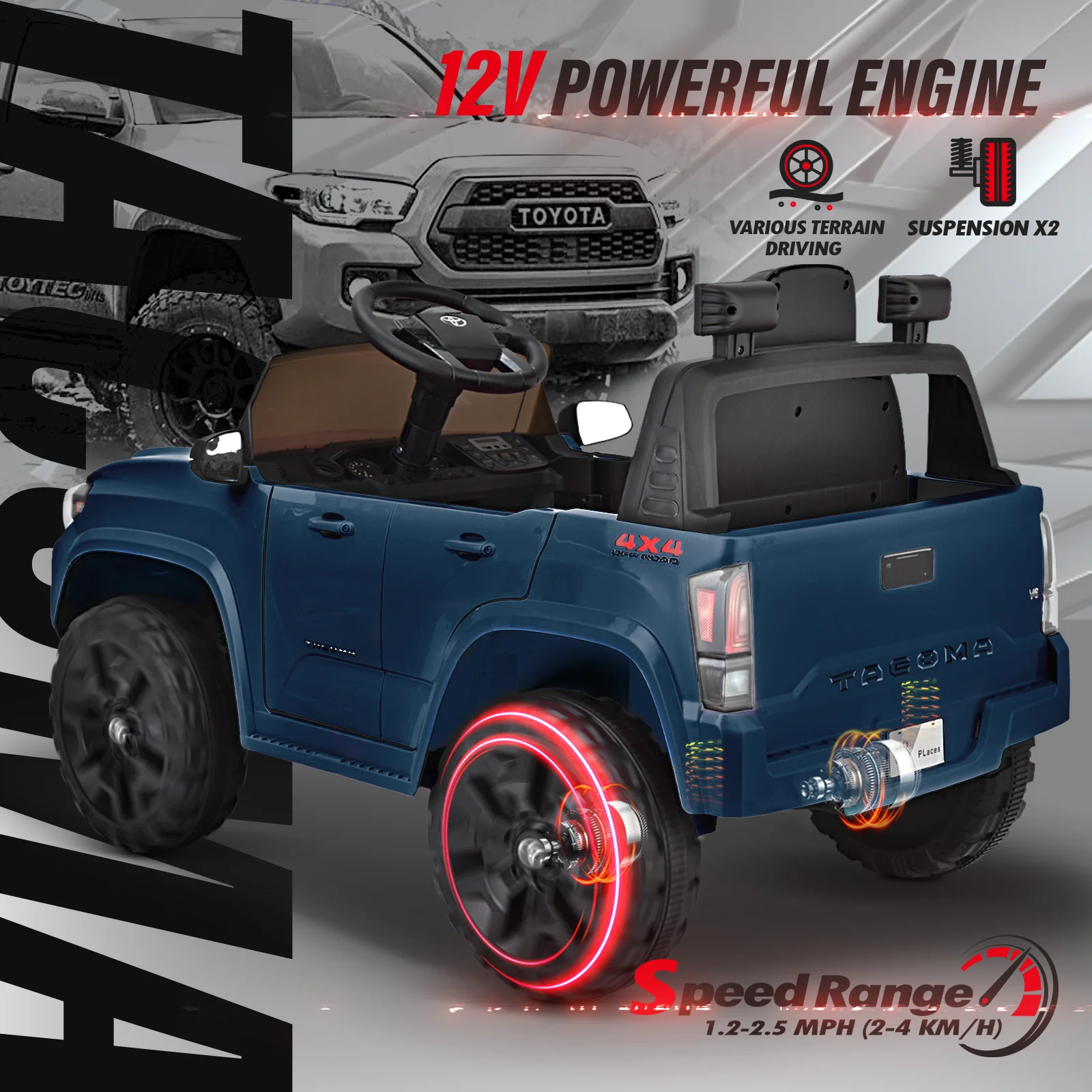 Blitzshark 12V Kids Ride on Car Licensed Toyota Tacoma Battery Powered Motorized Electric Vehicle, with Remote Control, Digital Display, Spring Suspension, Storage Space, Music & FM, Blue